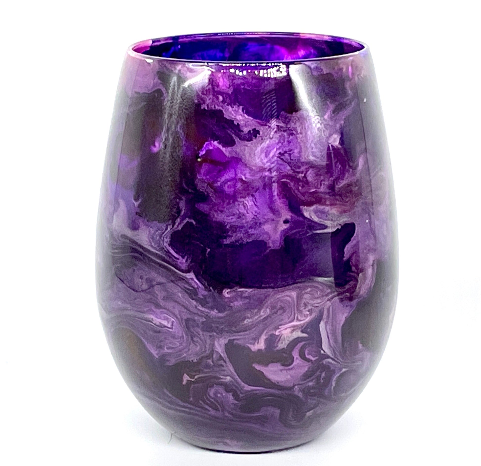 Purple and Silver Resin Art Stemless Wine Glass Set of Two Customize 20 Ounce