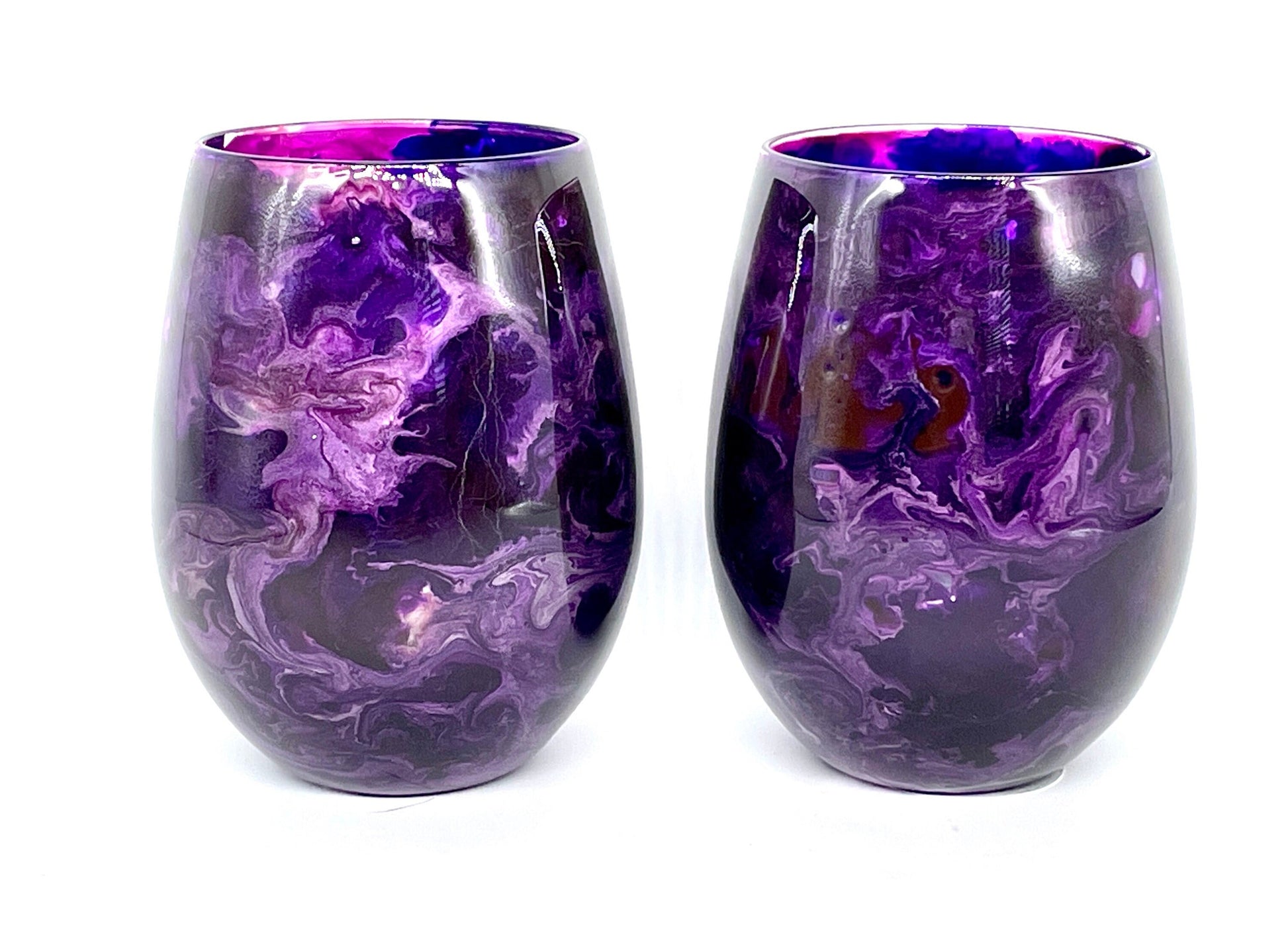 Purple and Silver Resin Art Stemless Wine Glass Set of Two Customize 20 Ounce