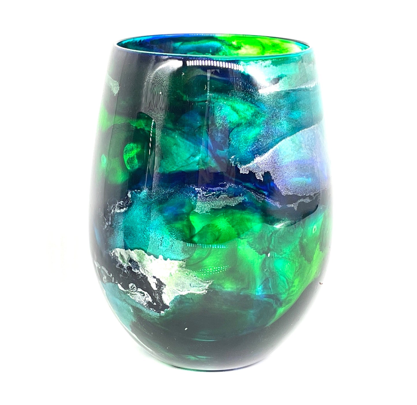 Blue, Green, Teal and Silver Resin Art Stemless Wine Glass Set of Two Customize 20 Ounce