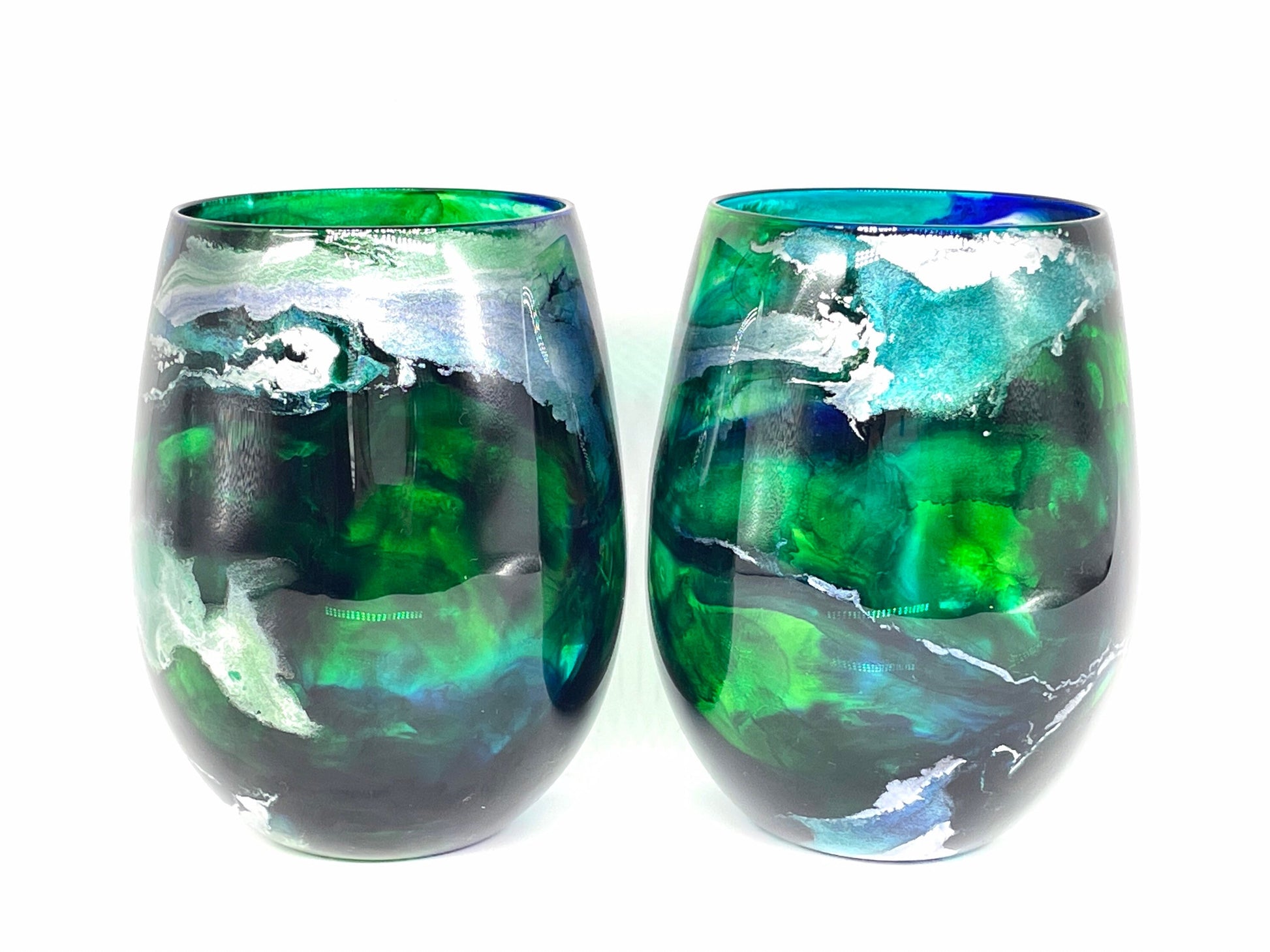 Blue, Green, Teal and Silver Resin Art Stemless Wine Glass Set of Two Customize 20 Ounce