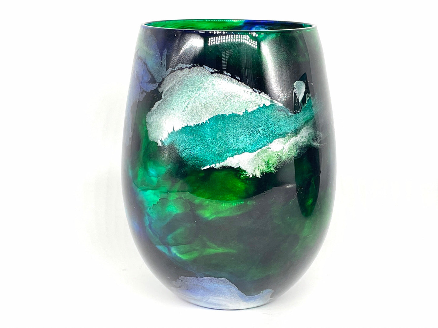 Blue, Green, Teal and Silver Resin Art Stemless Wine Glass Set of Two Customize 20 Ounce