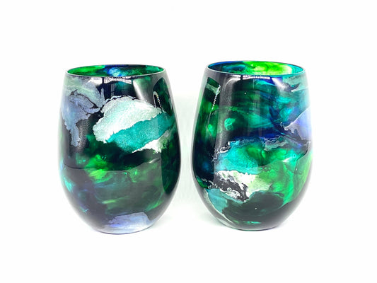 Blue, Green, Teal and Silver Resin Art Stemless Wine Glass Set of Two Customize 20 Ounce