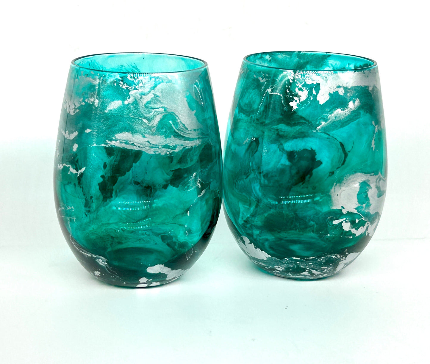 Turquoise and Silver Resin Art Stemless Wine Glass Set of Two Customize 20 Ounce