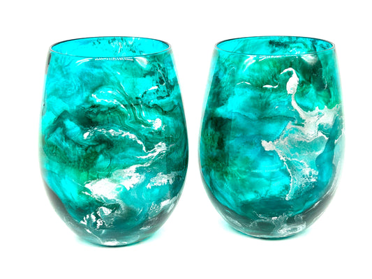 Turquoise and Silver Resin Art Stemless Wine Glass Set of Two Customize 20 Ounce
