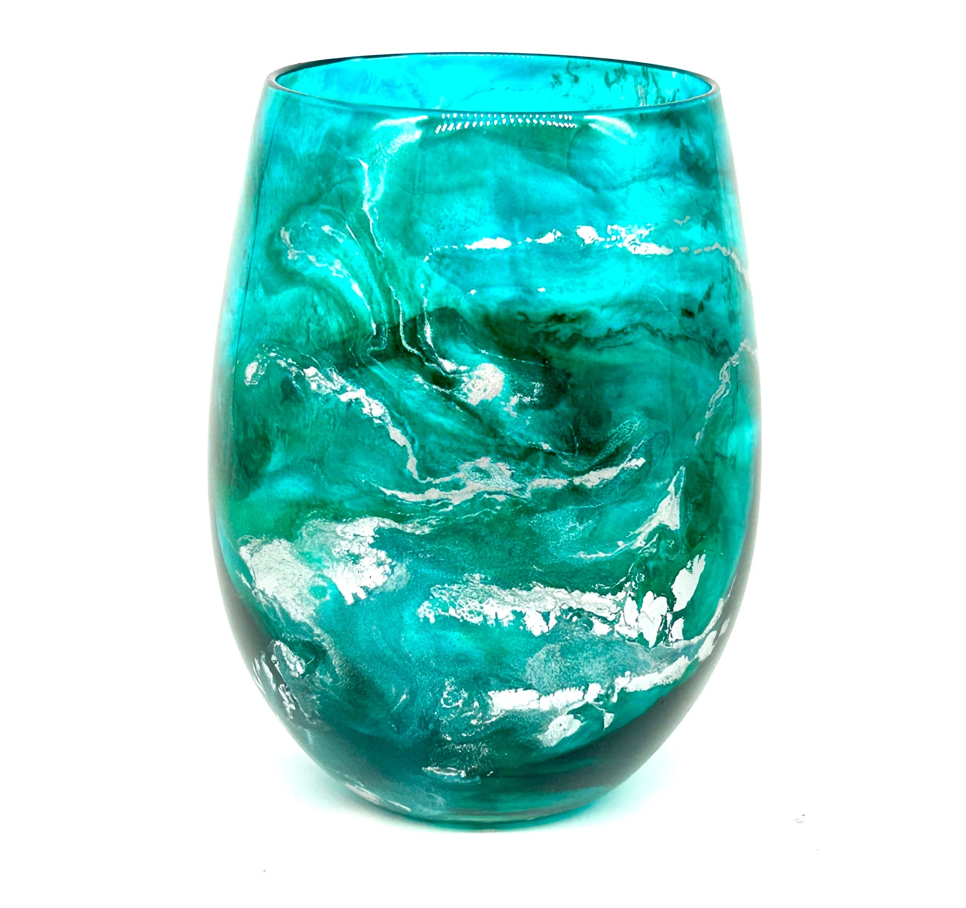 Turquoise and Silver Resin Art Stemless Wine Glass Set of Two Customize 20 Ounce