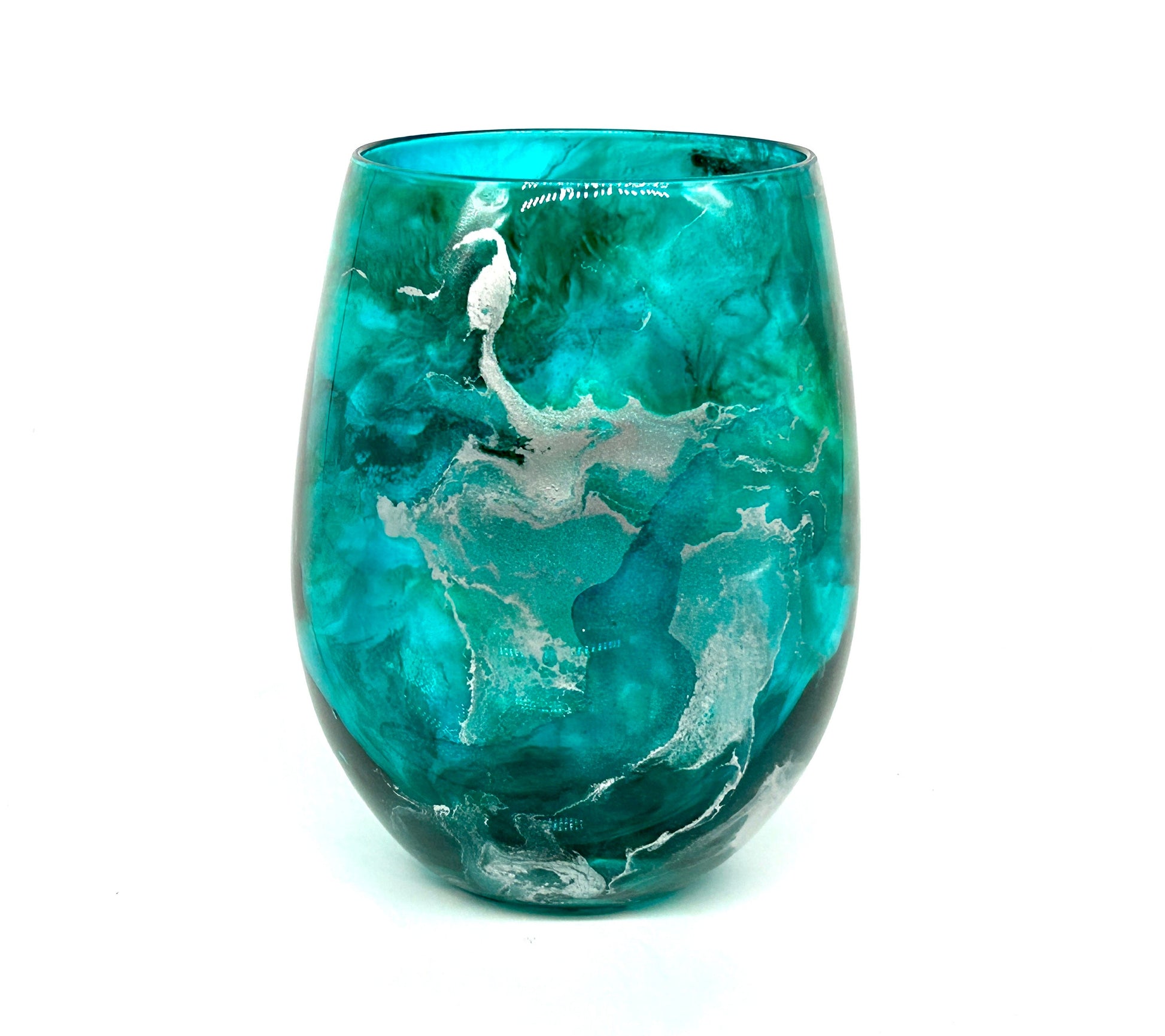 Turquoise and Silver Resin Art Stemless Wine Glass Set of Two Customize 20 Ounce