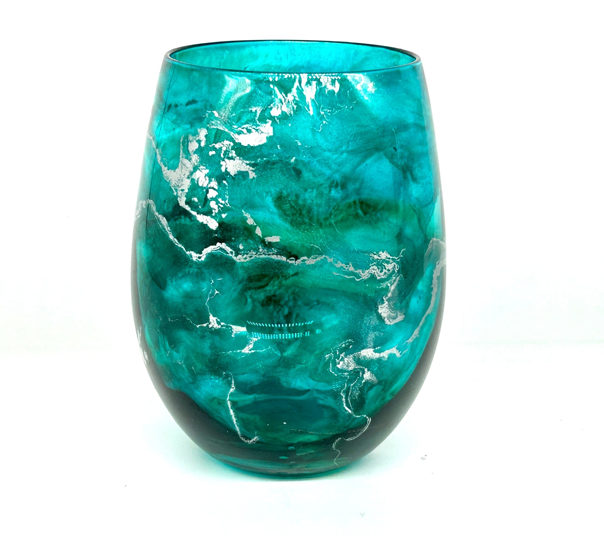 Turquoise and Silver Resin Art Stemless Wine Glass Set of Two Customize 20 Ounce