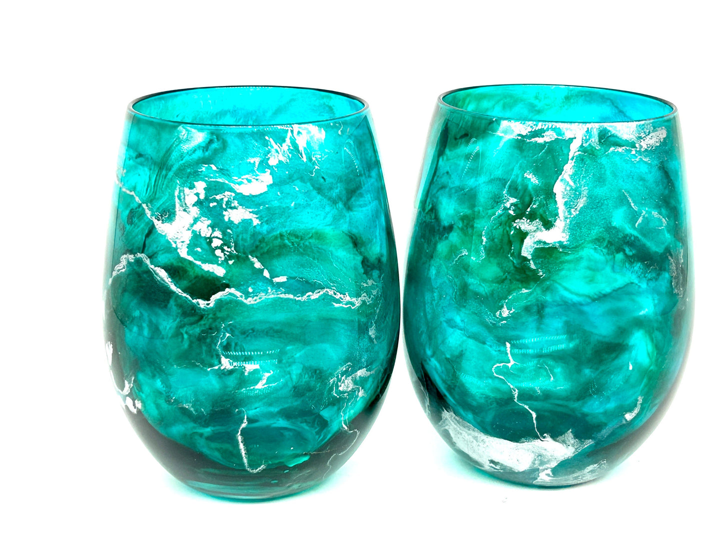 Turquoise and Silver Resin Art Stemless Wine Glass Set of Two Customize 20 Ounce
