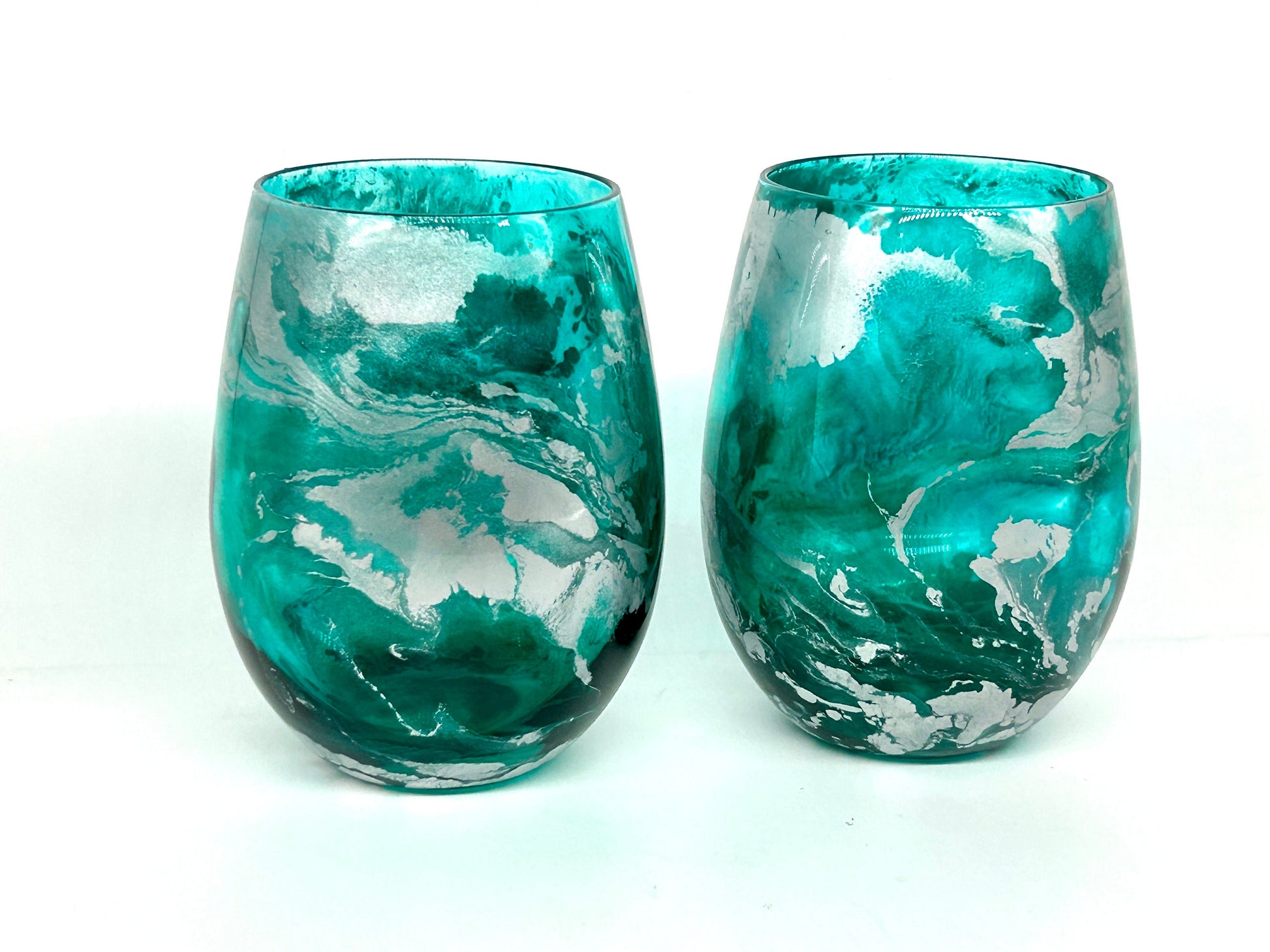 Turquoise and Silver Resin Art Stemless Wine Glass Set of Two Customize 20 Ounce
