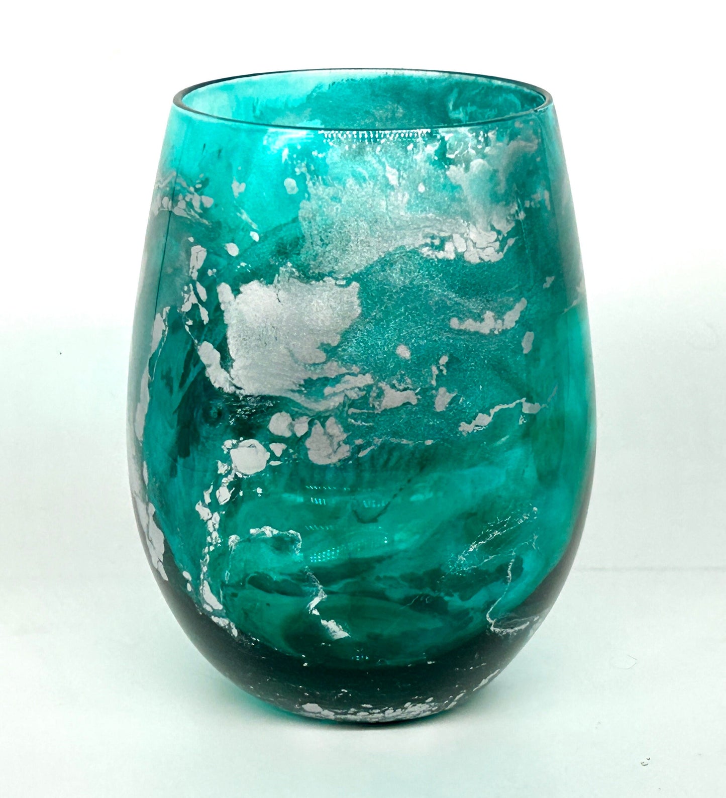 Turquoise and Silver Resin Art Stemless Wine Glass Set of Two Customize 20 Ounce