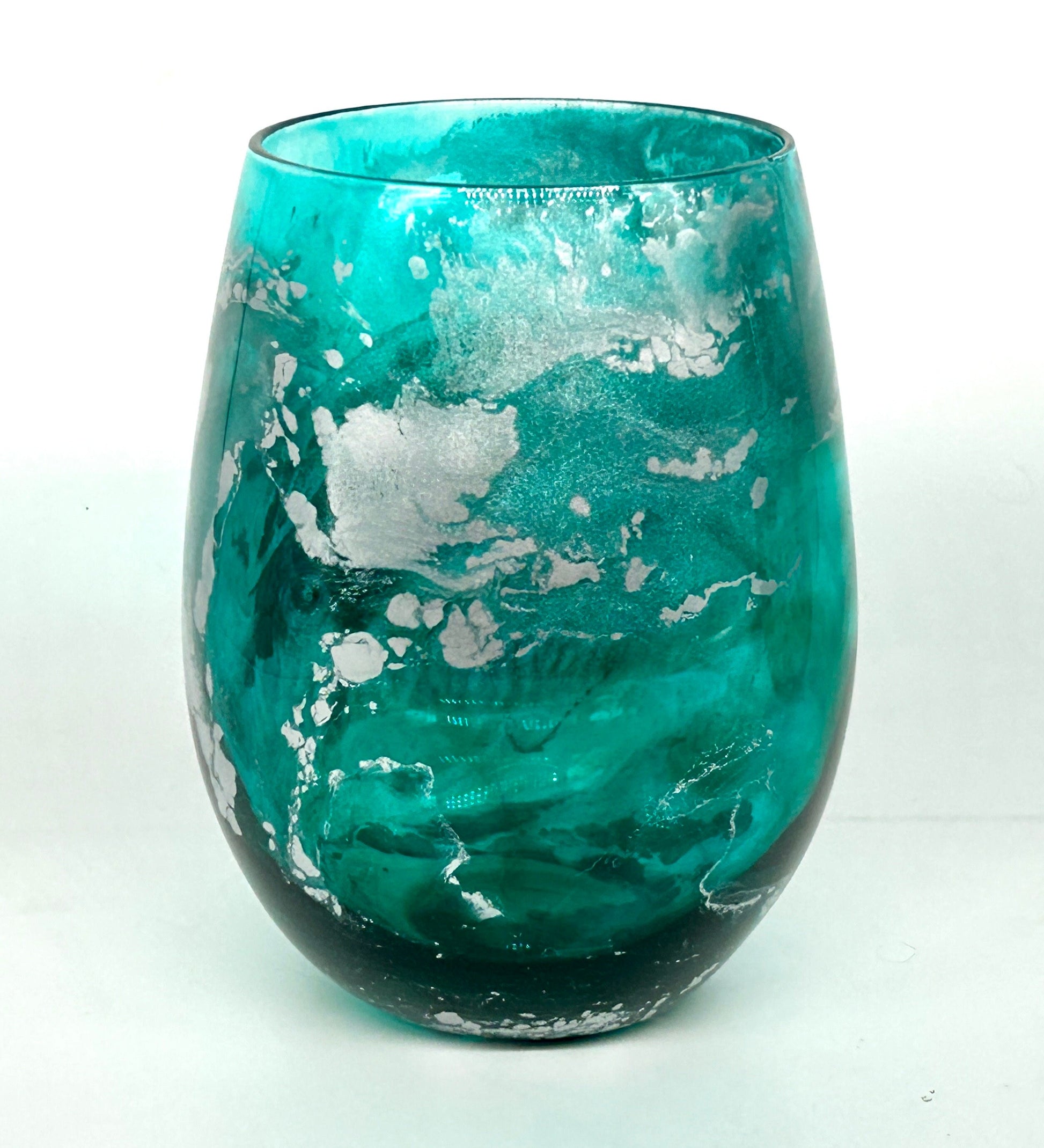 Turquoise and Silver Resin Art Stemless Wine Glass Set of Two Customize 20 Ounce