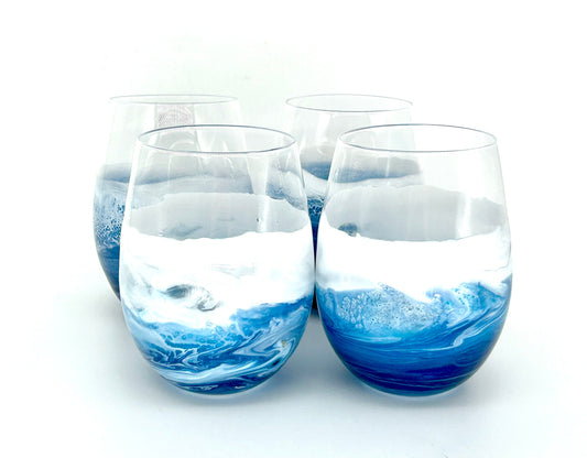 Beach Themed Stemless Wine Glasses, Cocktail Glasses, Beach Decor, Custom Wine Glasses, Luxury Wedding Gift, Blue Glasses MADE TO ORDER