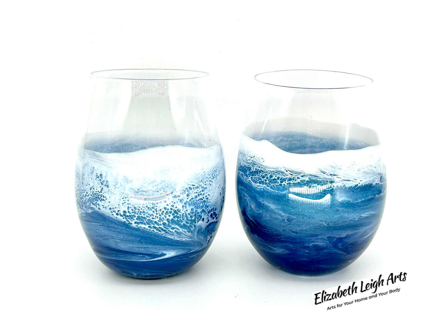 CUSTOM Ocean Wave Stemless Wine Glass Single, Set of Two, Set of Four Any Color with White Waves