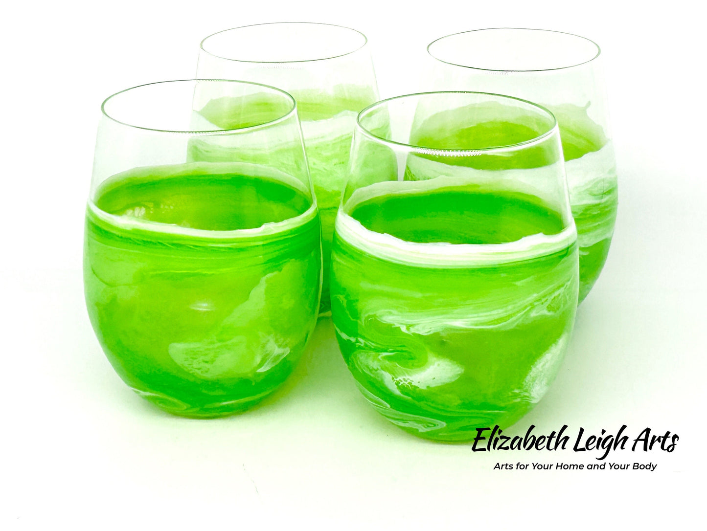 Green Beach Themed Stemless Wine Glasses, Cocktail Glasses, Beach Decor, Custom Wine Glasses, Luxury Wedding Gift, Green Glasses