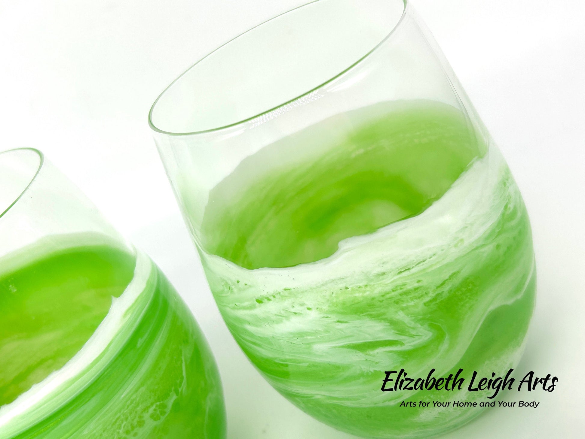 Green Beach Themed Stemless Wine Glasses, Cocktail Glasses, Beach Decor, Custom Wine Glasses, Luxury Wedding Gift, Green Glasses