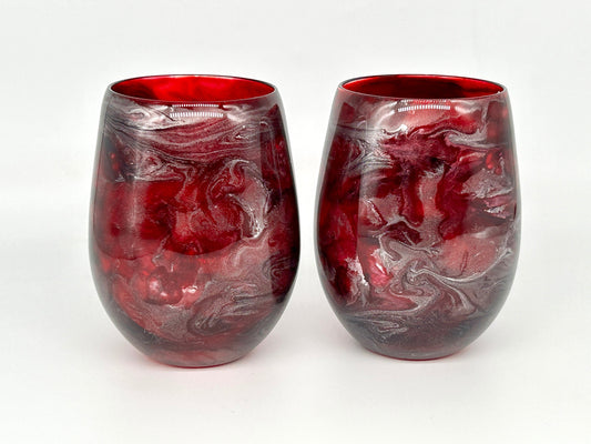 Dark Red and Silver Resin Art Stemless Wine Glass Set of Two Customize