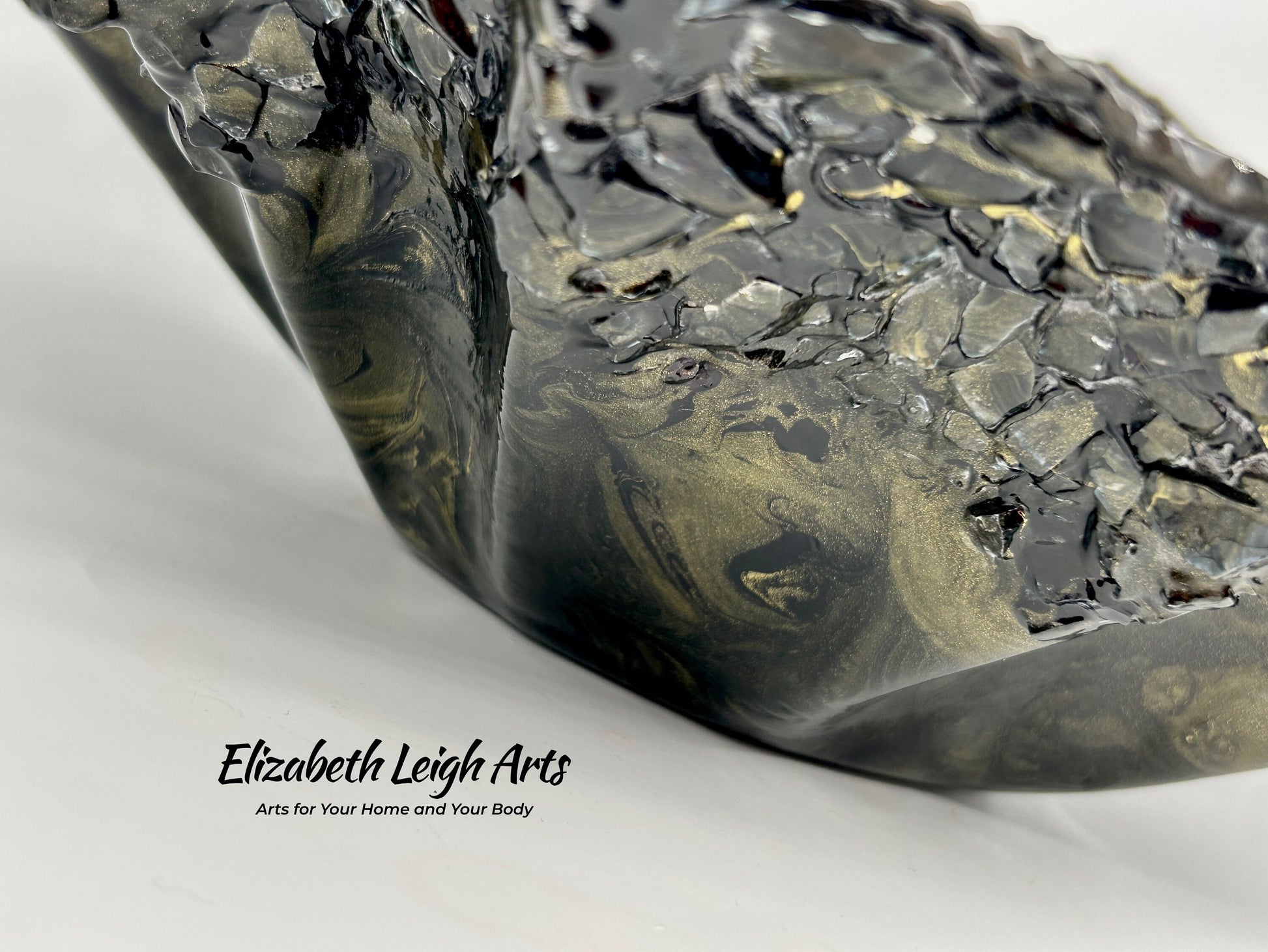 Black and Gold Resin and Crushed Glass Decorative Bowl