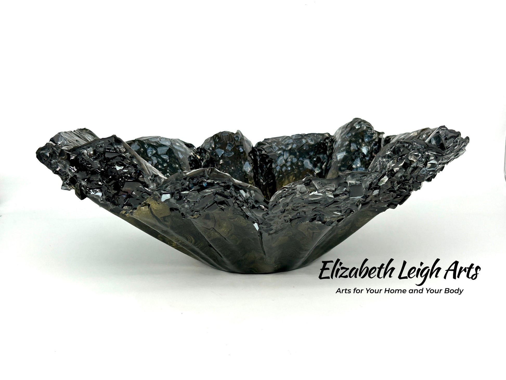 Black and Gold Resin and Crushed Glass Decorative Bowl