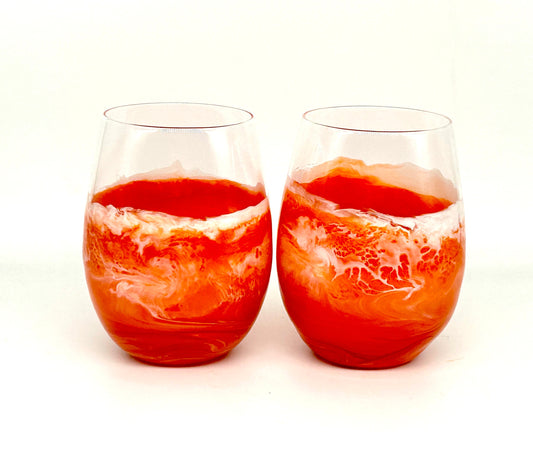 Orange Waves Resin Art Stemless Wine Glass Set of Two Customize 20 Ounce