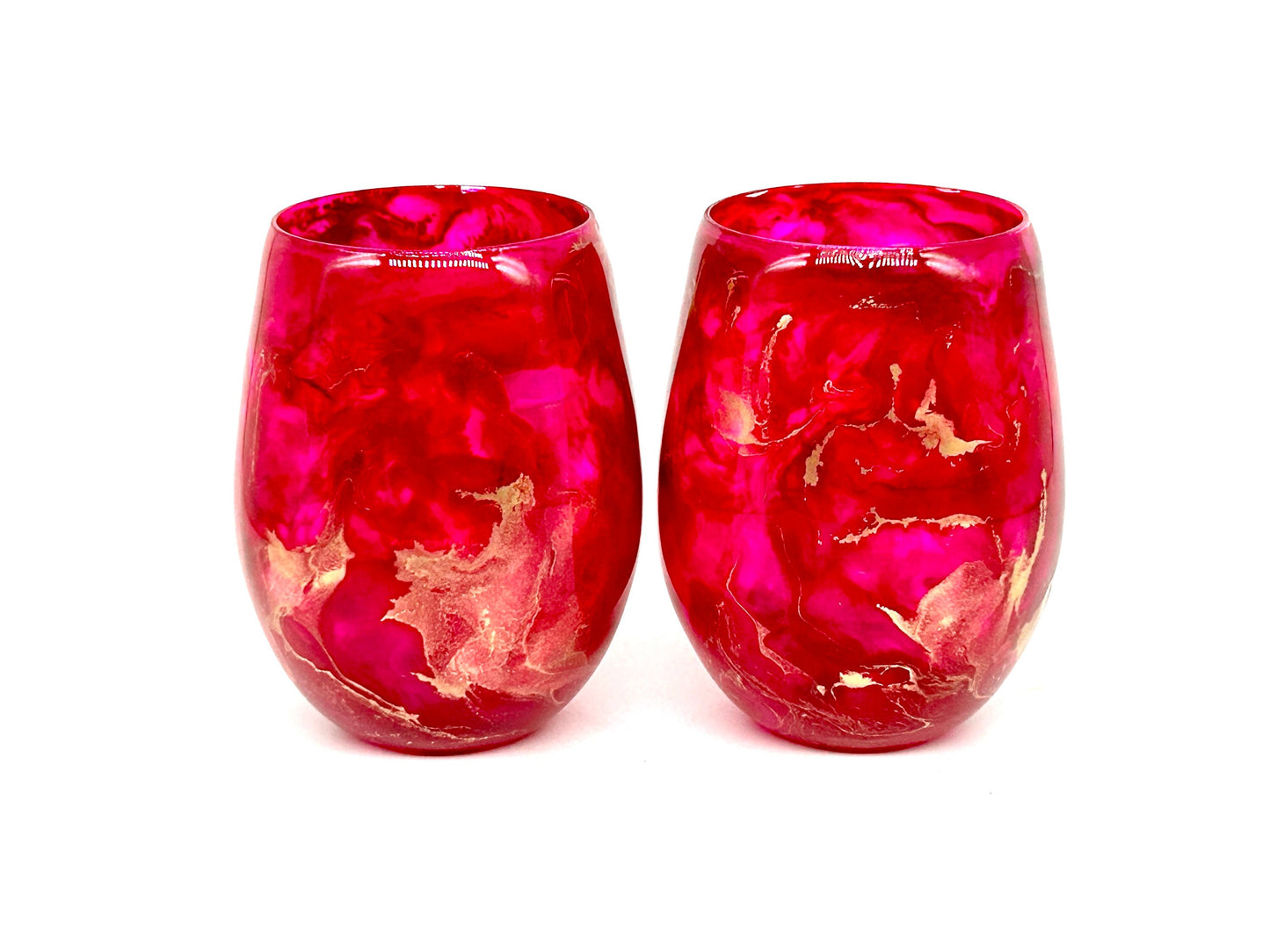 Bright Pink, Gold Resin Art Stemless Wine Glass Set of Two Customize