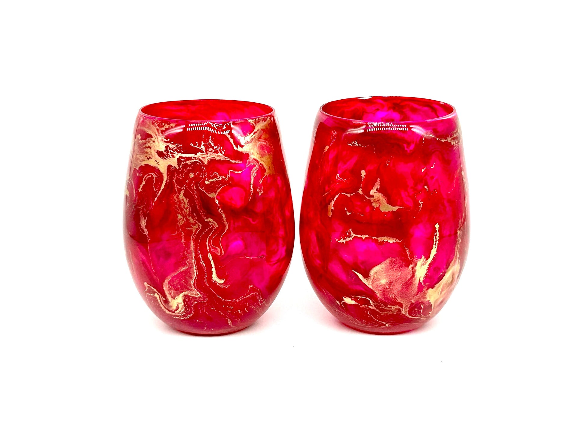 Bright Pink, Gold Resin Art Stemless Wine Glass Set of Two Customize