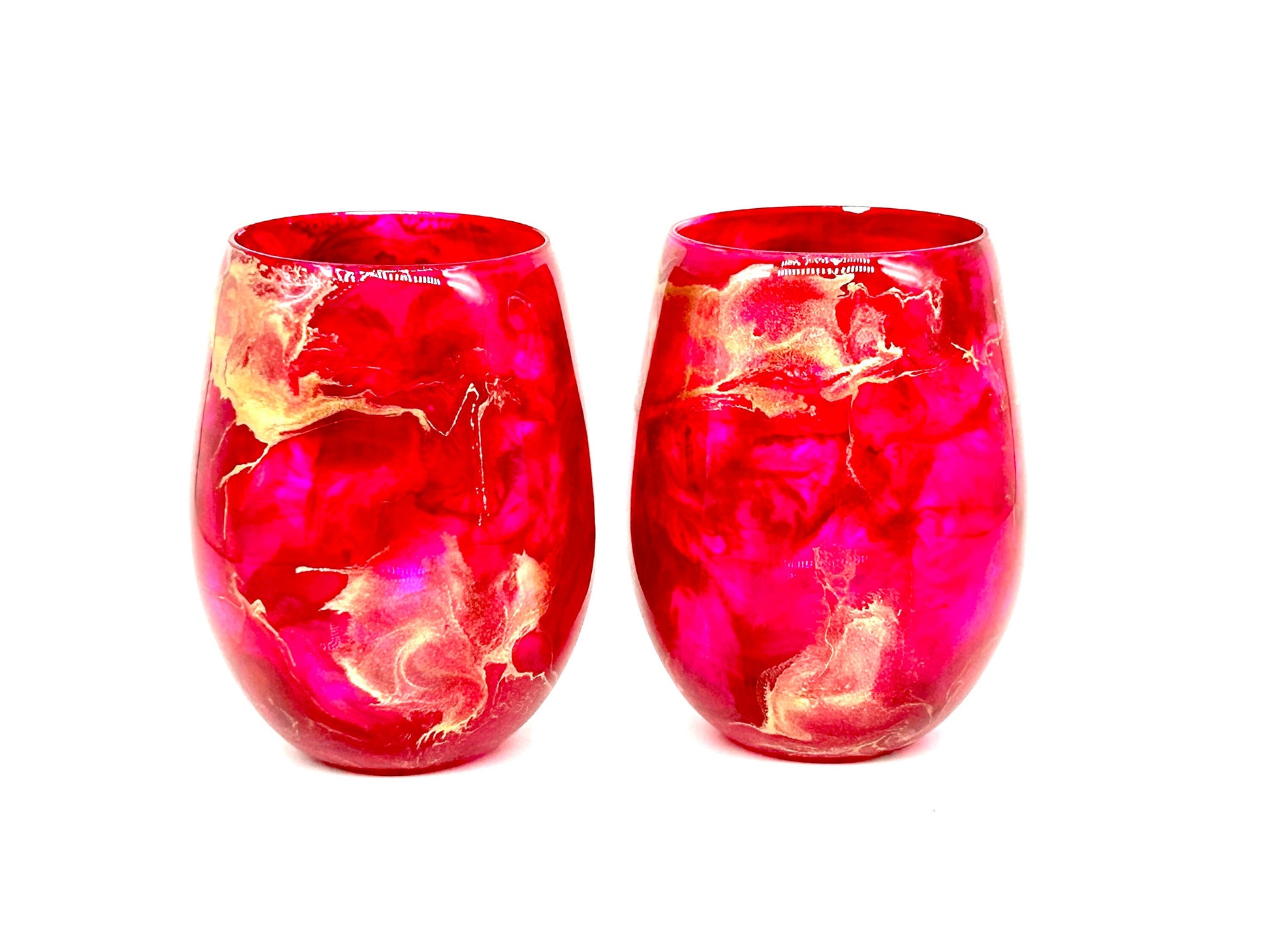 Bright Pink, Gold Resin Art Stemless Wine Glass Set of Two Customize