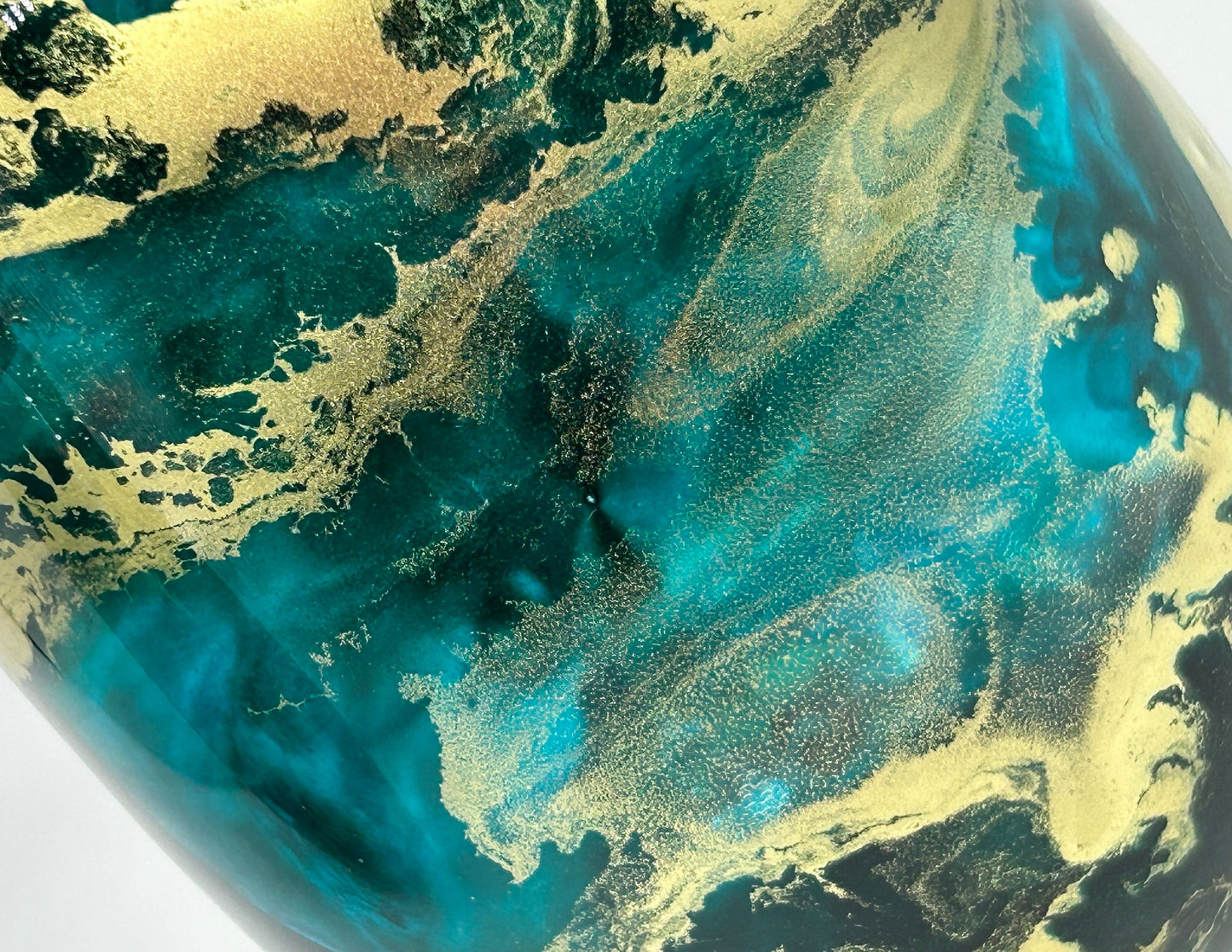 Teal Turquoise and Gold Resin Art Stemless Wine Glass Set of Two Customize 18 ounce
