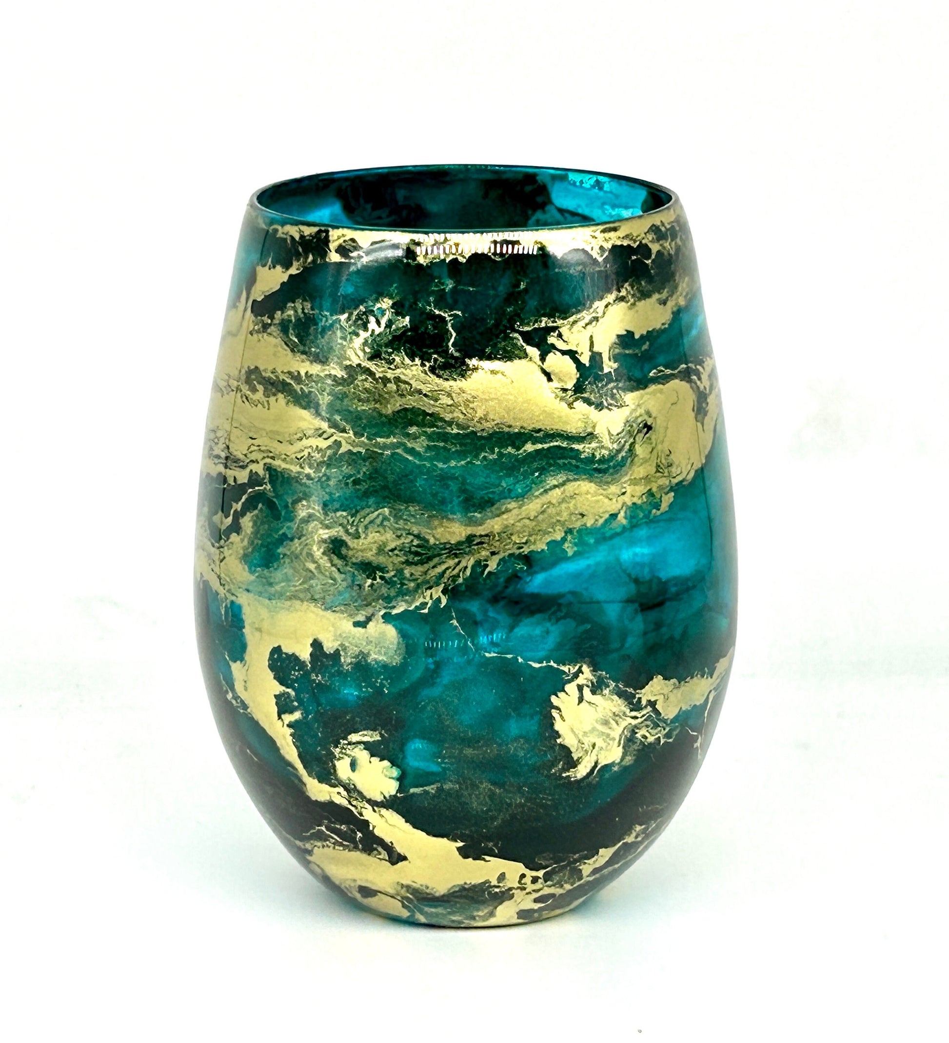 Teal Turquoise and Gold Resin Art Stemless Wine Glass Set of Two Customize 18 ounce