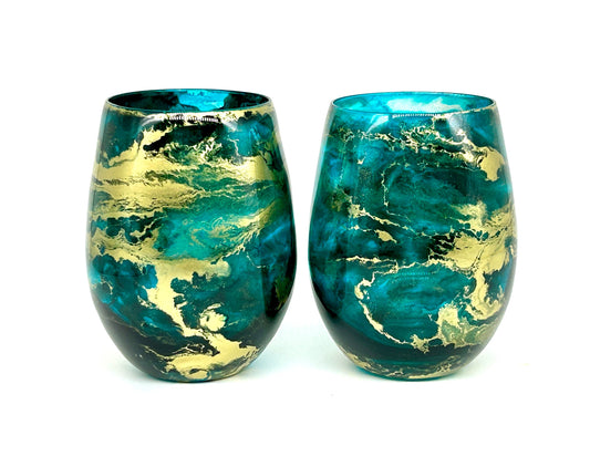 Teal Turquoise and Gold Resin Art Stemless Wine Glass Set of Two Customize 18 ounce