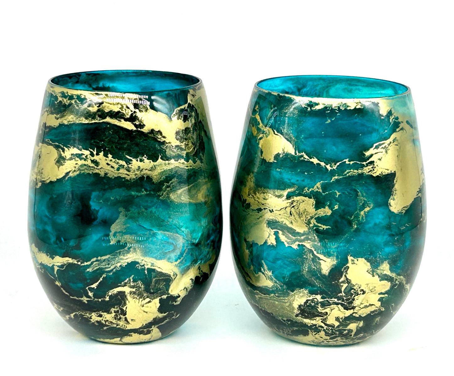 Teal Turquoise and Gold Resin Art Stemless Wine Glass Set of Two Customize 18 ounce