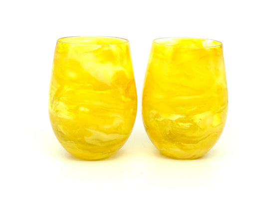 Lemon Yellow Resin Art Stemless Wine Glass Set of Two Customize 20 Ounce