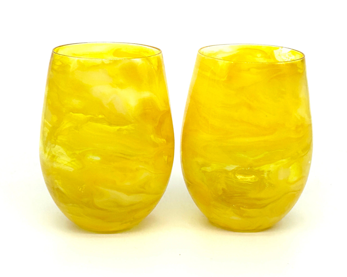 Lemon Yellow Resin Art Stemless Wine Glass Set of Two Customize 20 Ounce