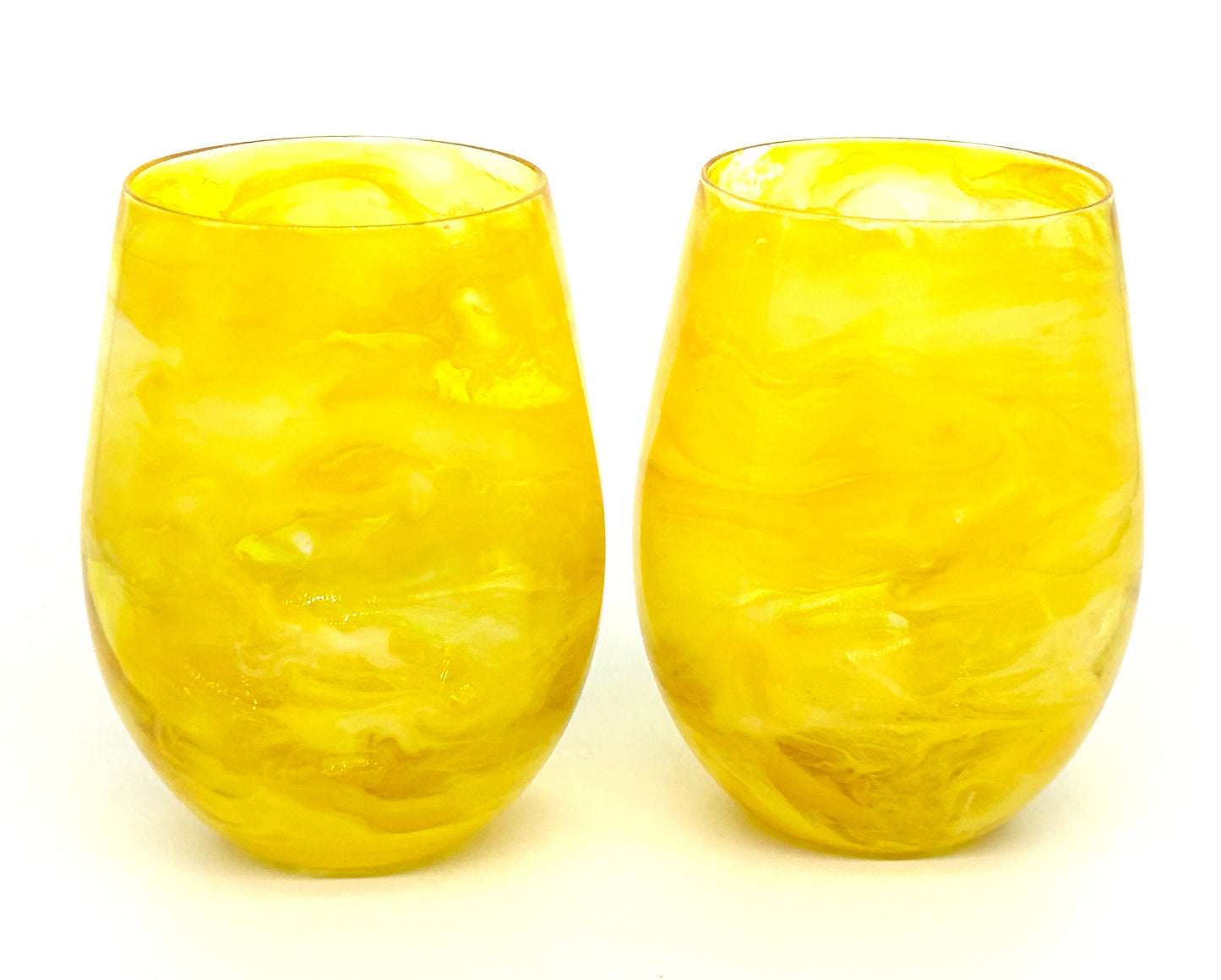 Lemon Yellow Resin Art Stemless Wine Glass Set of Two Customize 20 Ounce