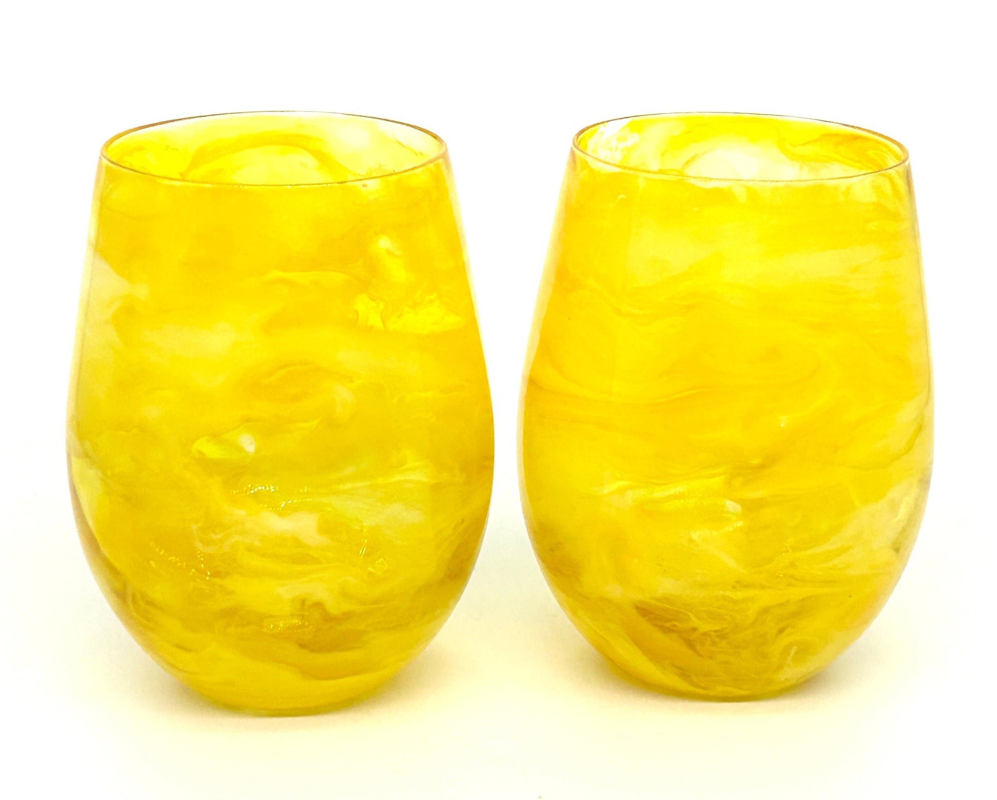 Lemon Yellow Resin Art Stemless Wine Glass Set of Two Customize 20 Ounce