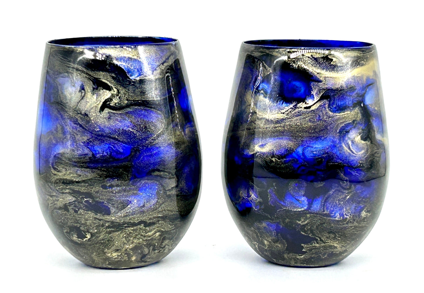Navy Blue and Gold Jewel toned Resin Art Stemless Wine Glass Set of Two Customize 20 Ounce