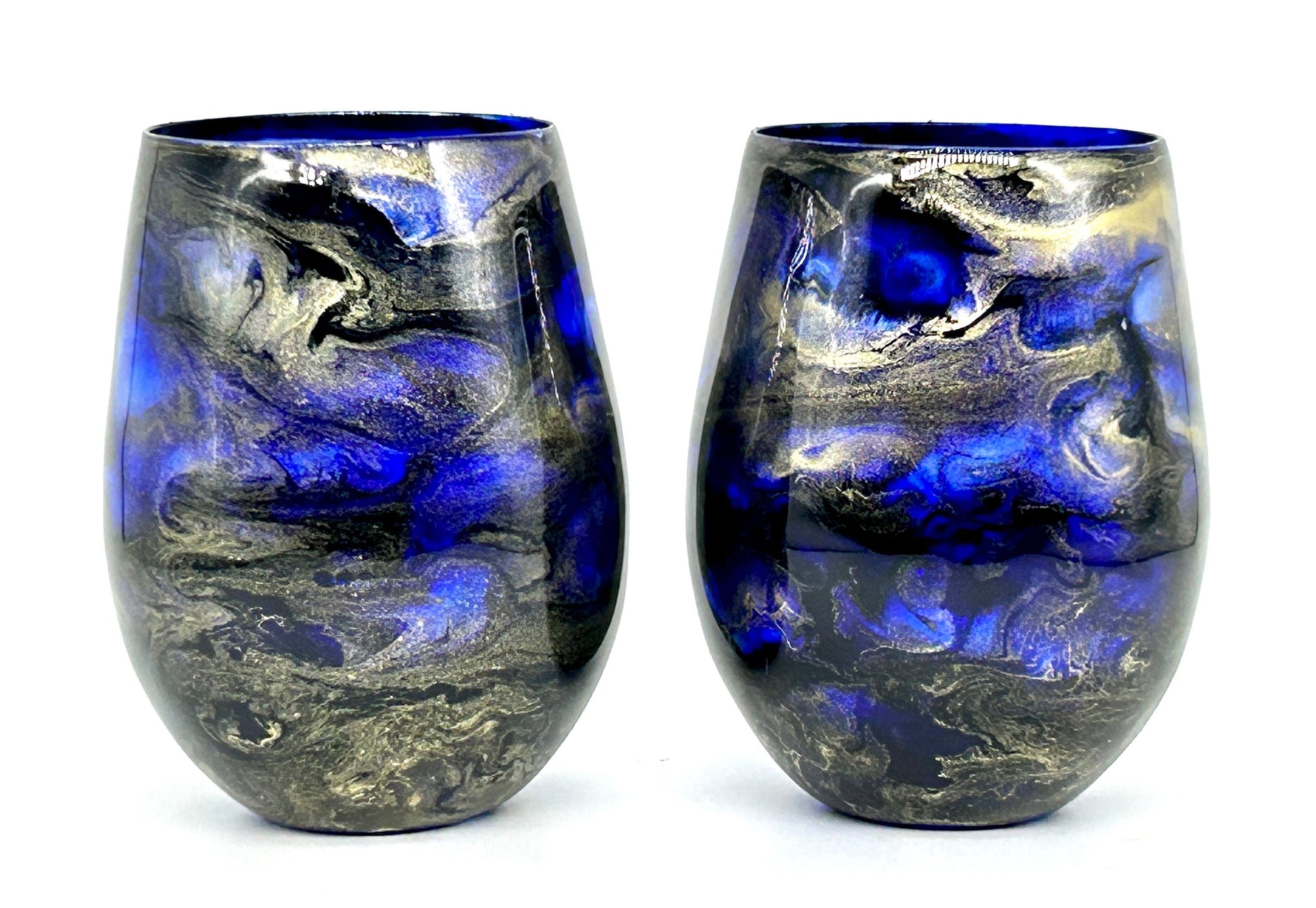 Navy Blue and Gold Jewel toned Resin Art Stemless Wine Glass Set of Two Customize 20 Ounce