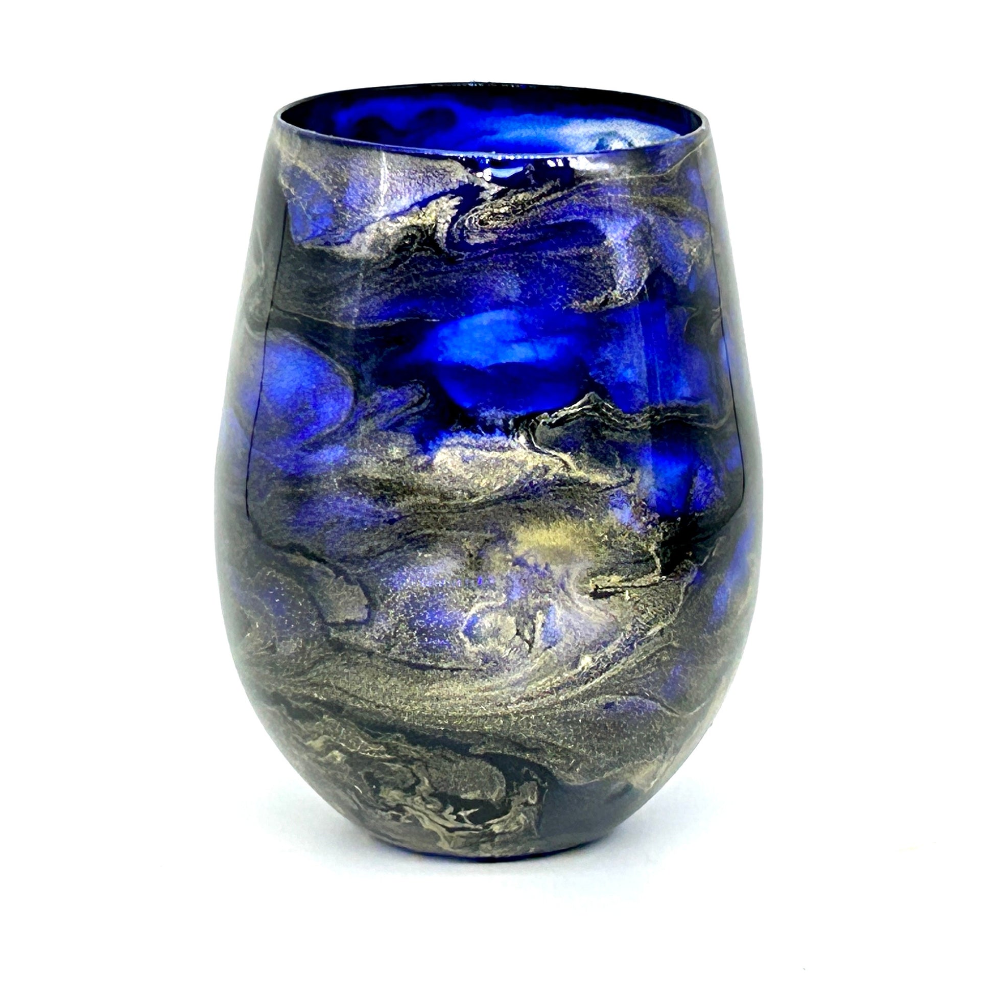 Navy Blue and Gold Jewel toned Resin Art Stemless Wine Glass Set of Two or Single 20 Ounce