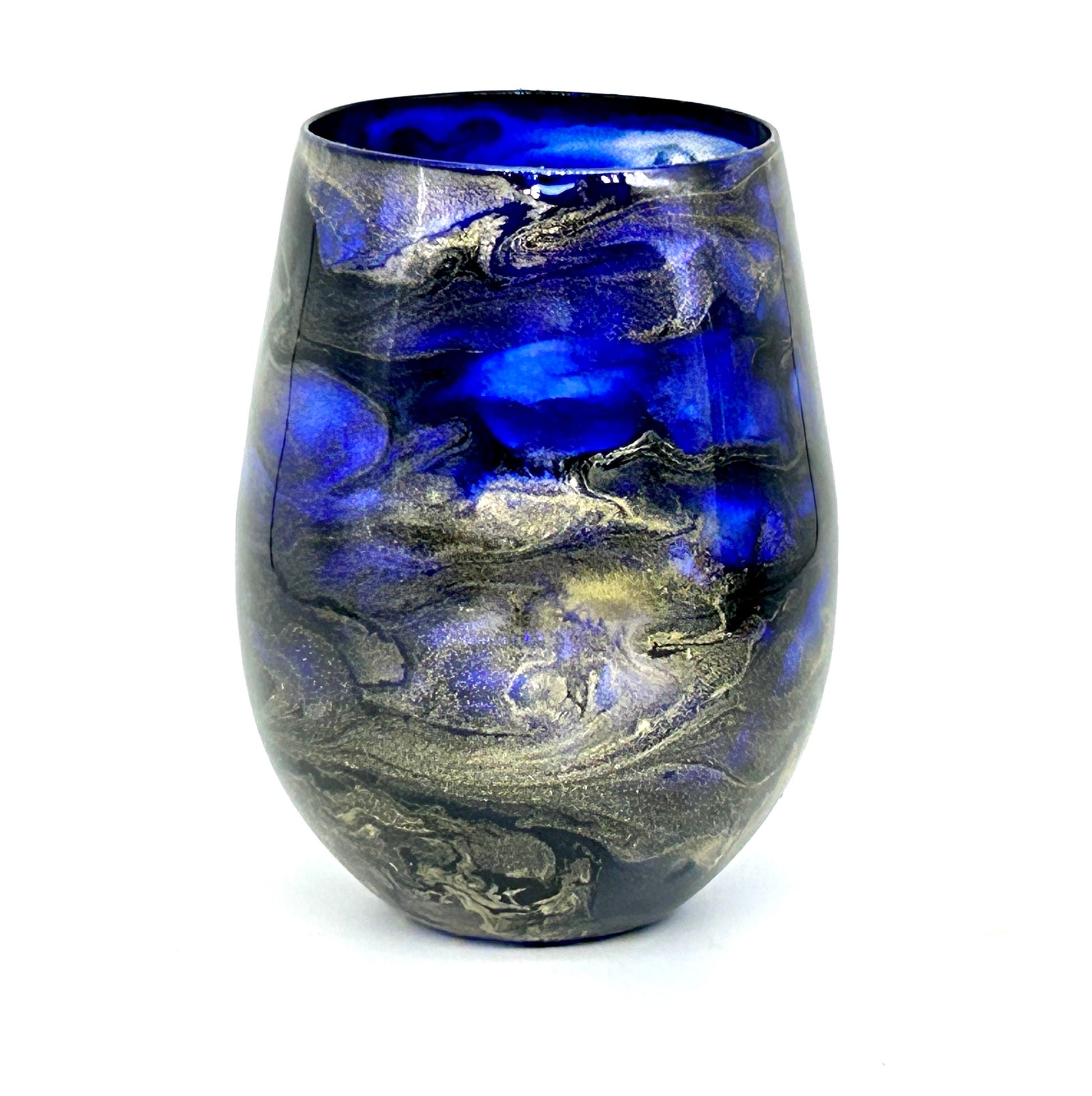 Navy Blue and Gold Jewel toned Resin Art Stemless Wine Glass Set of Two Customize 20 Ounce