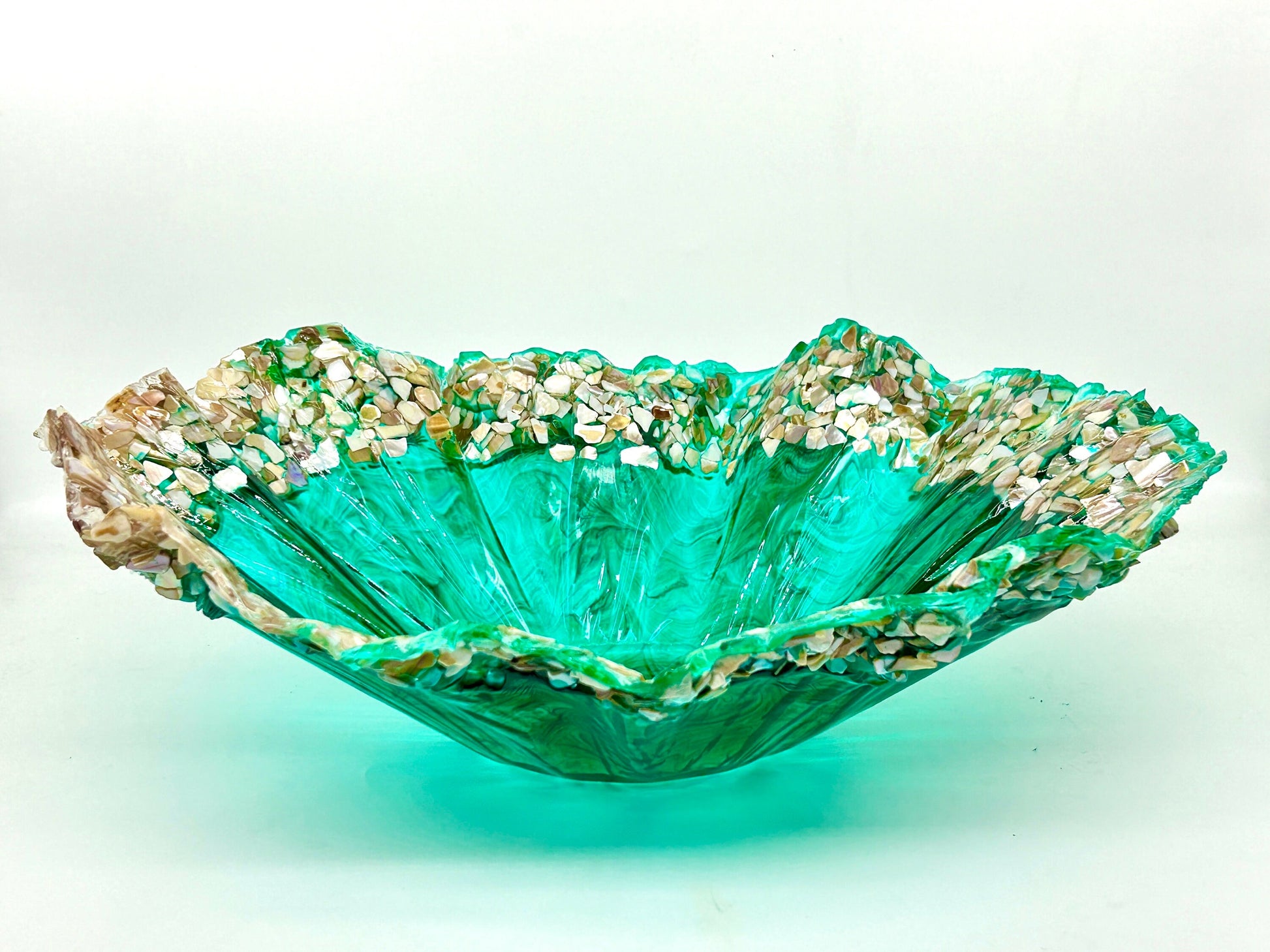 Ocean Turquoise and Green Swirled Resin and Crushed Shell Decorative Bowl MADE TO ORDER