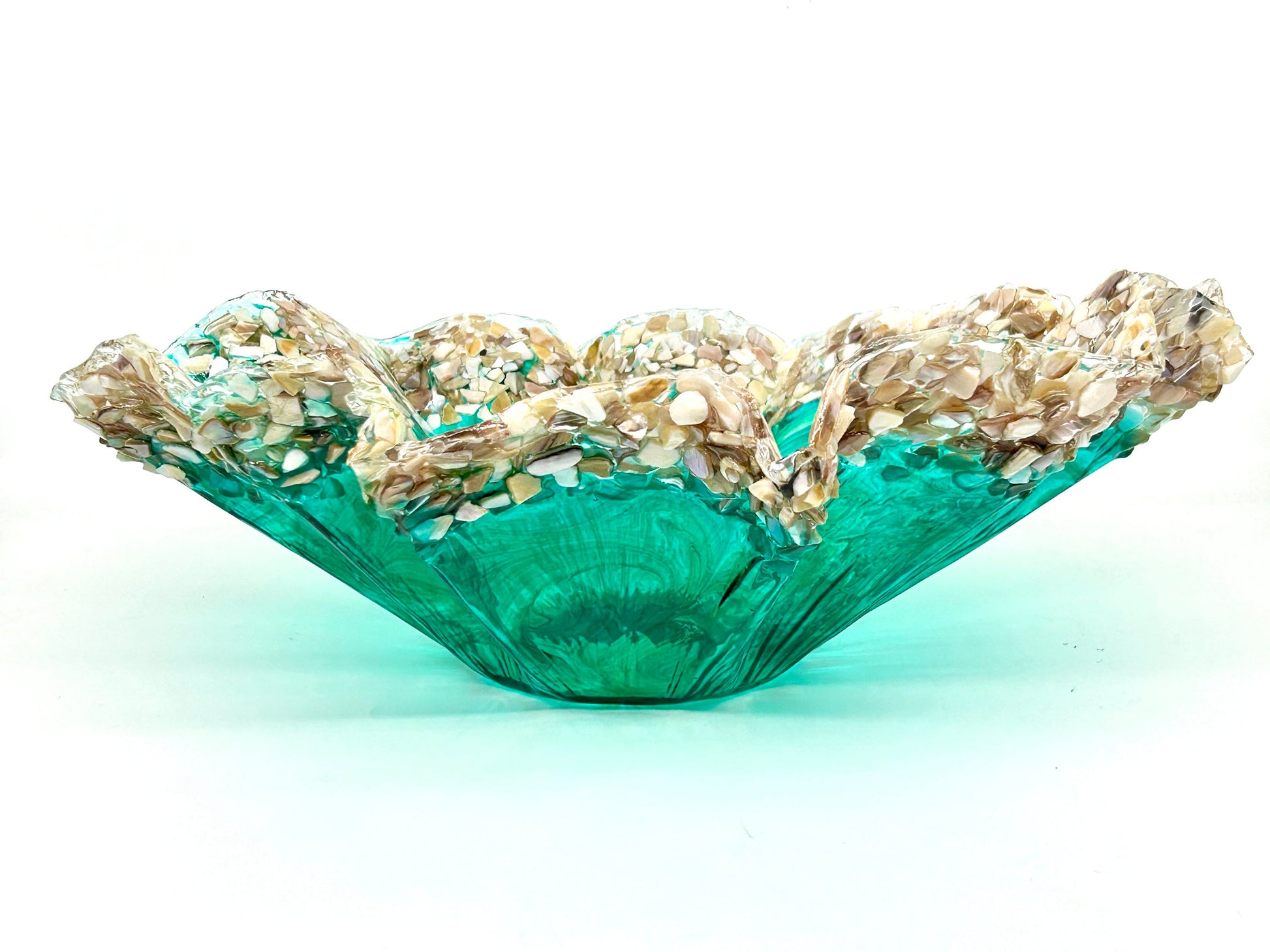 Ocean Turquoise and Green Swirled Resin and Crushed Shell Decorative Bowl MADE TO ORDER