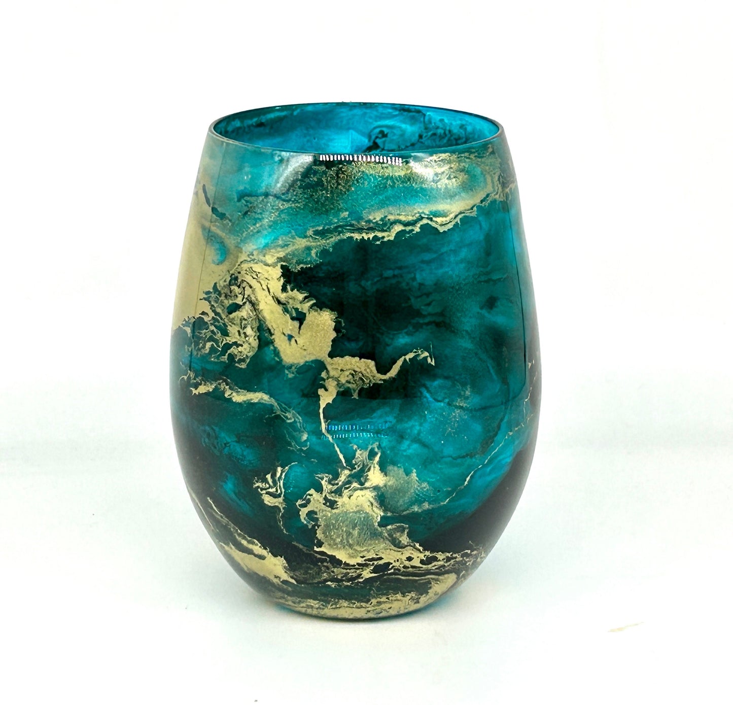 Teal Turquoise and Gold Resin Art Stemless Wine Glass Set of Two Customize 18 ounce