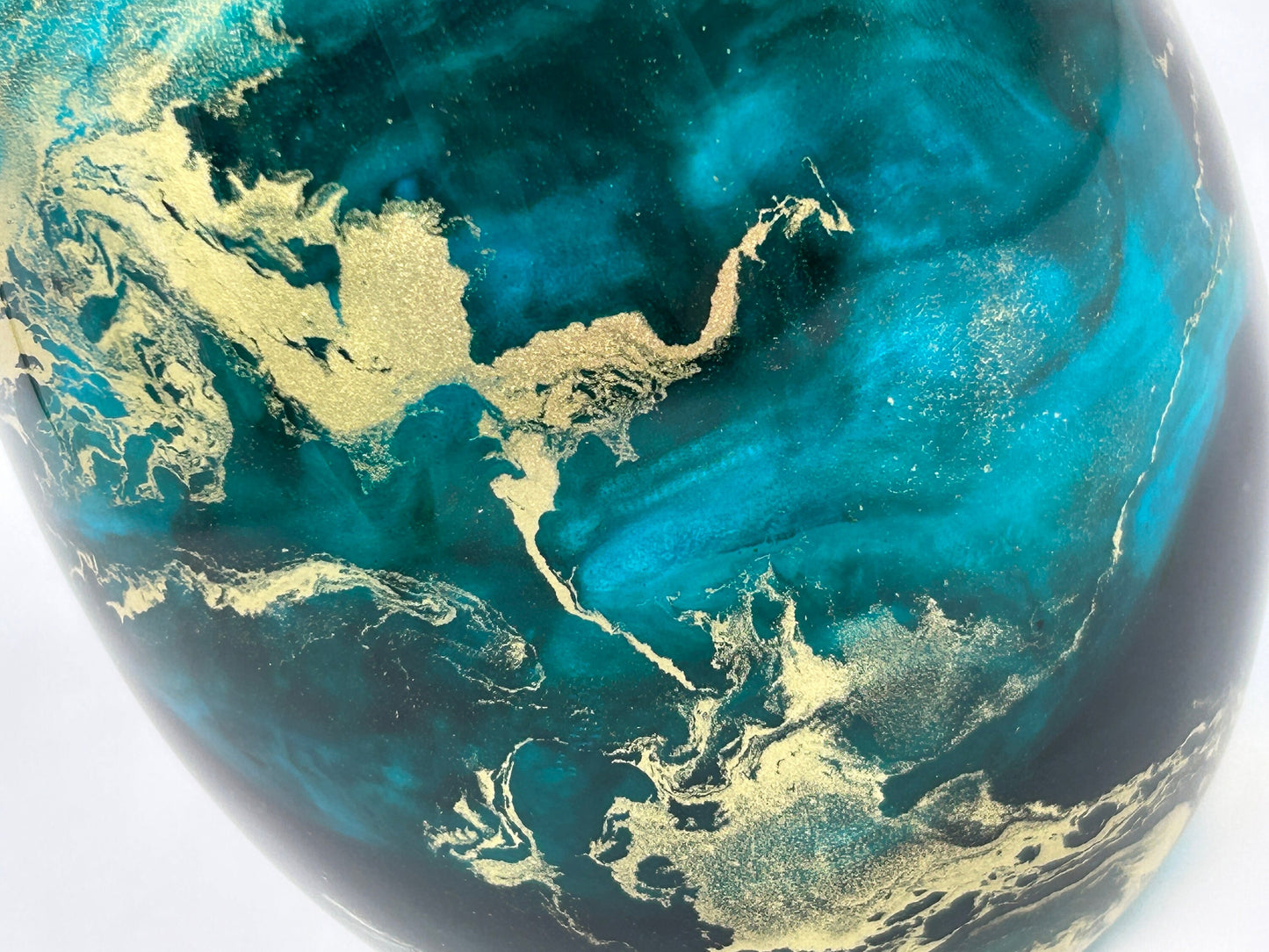 Teal Turquoise and Gold Resin Art Stemless Wine Glass Set of Two Customize 18 ounce