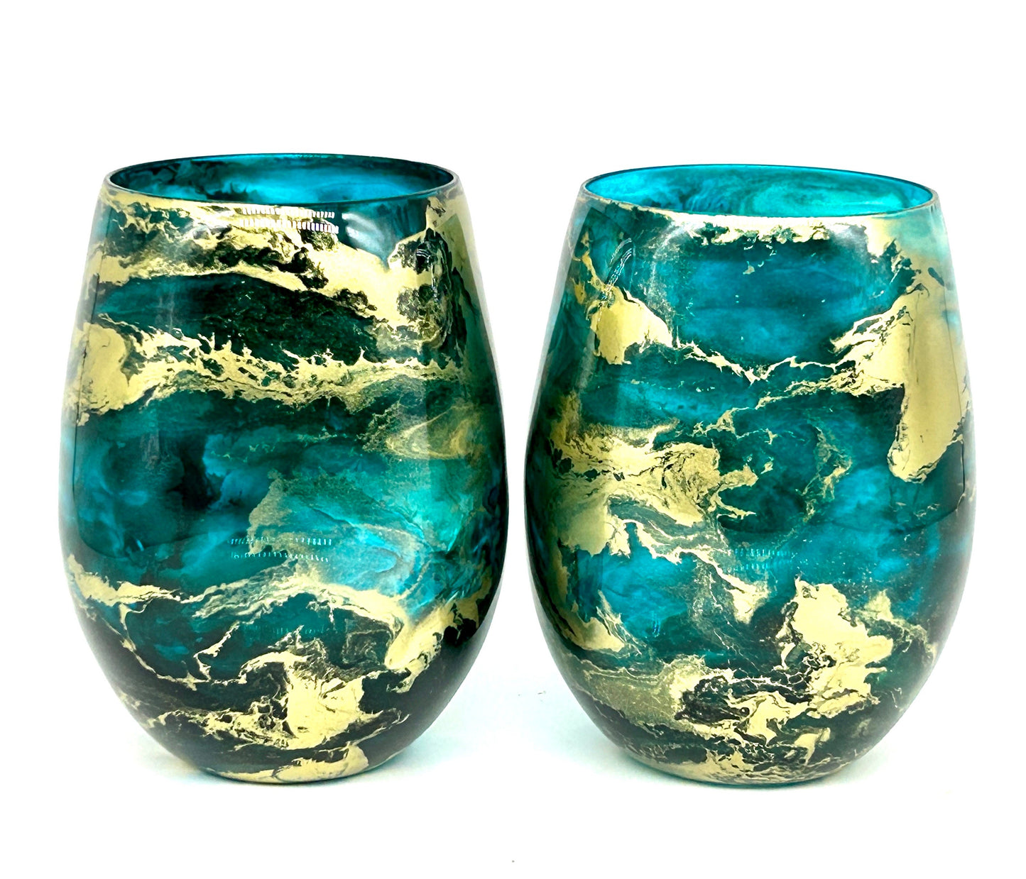 Teal Turquoise and Gold Resin Art Stemless Wine Glass Set of Two Customize 18 ounce