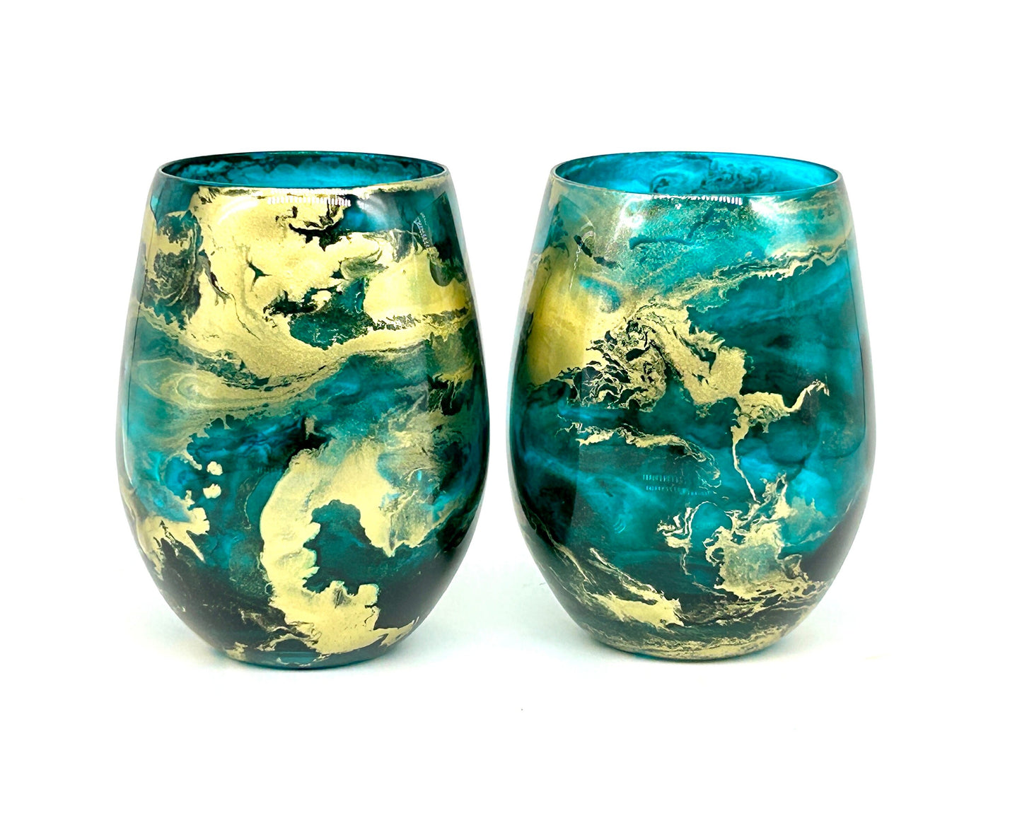 Teal Turquoise and Gold Resin Art Stemless Wine Glass Set of Two Customize 18 ounce