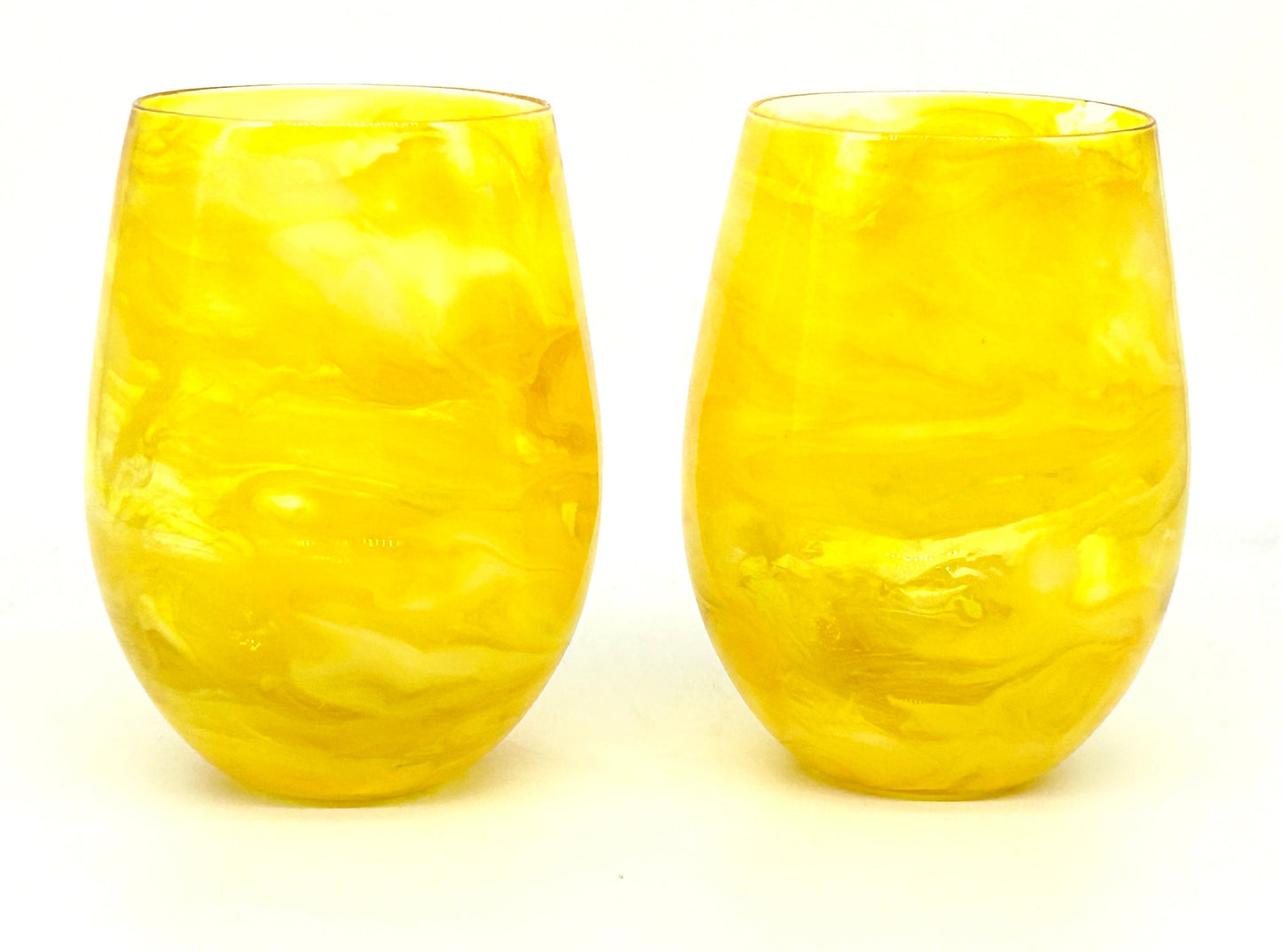 Lemon Yellow Resin Art Stemless Wine Glass Set of Two Customize 20 Ounce