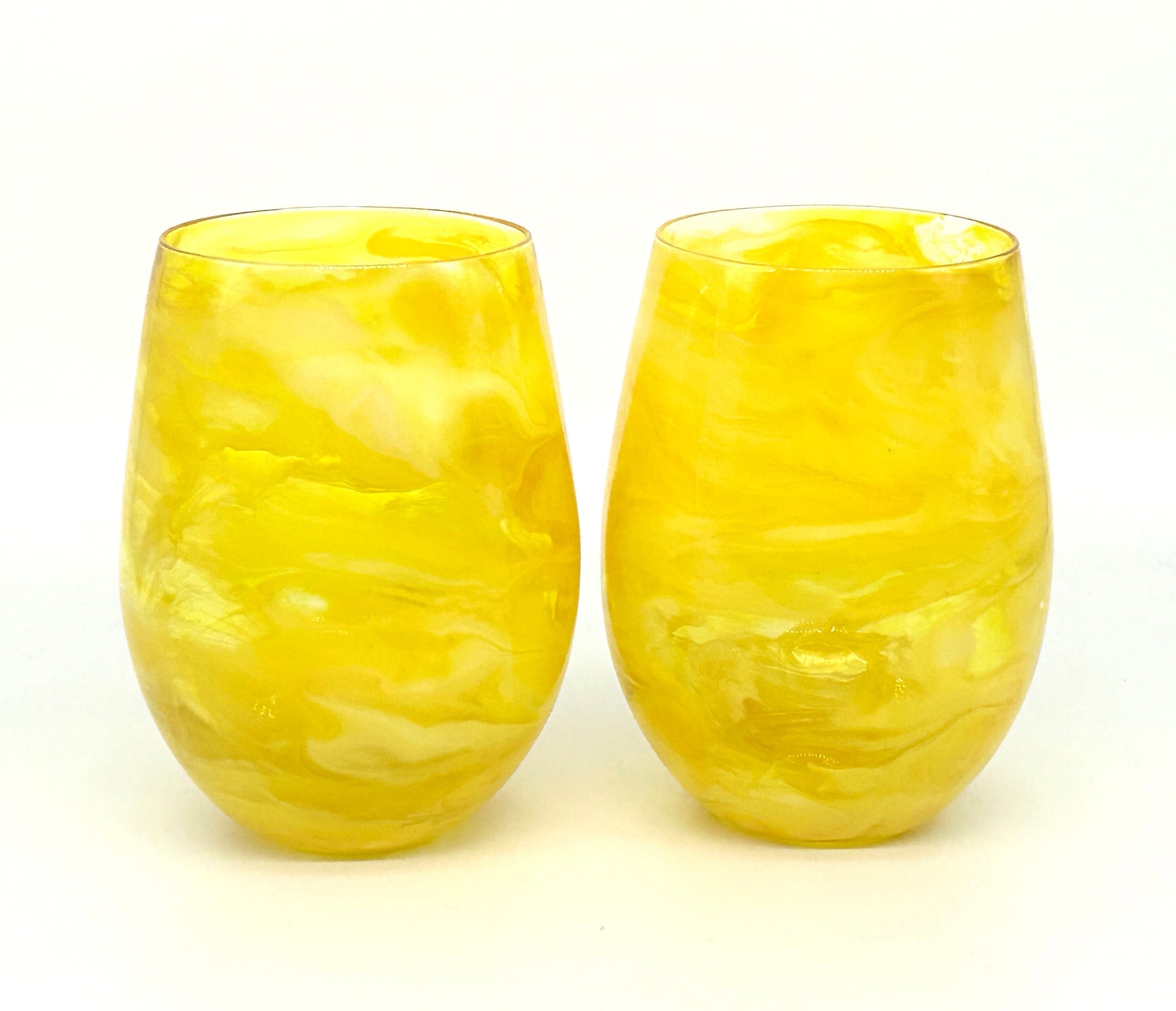 Lemon Yellow Resin Art Stemless Wine Glass Set of Two Customize 20 Ounce
