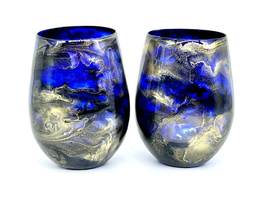 Navy Blue and Gold Jewel toned Resin Art Stemless Wine Glass Set of Two or Single 20 Ounce