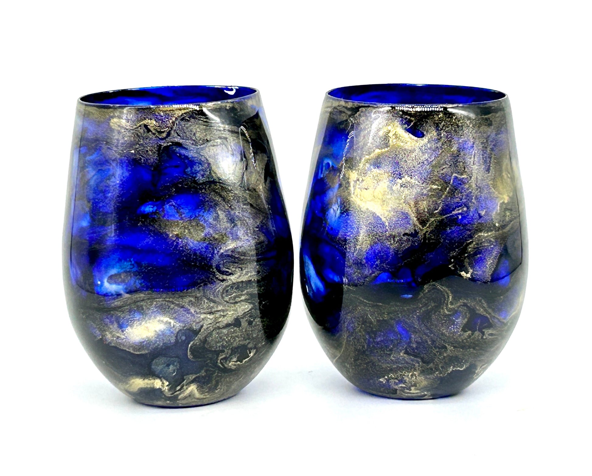 Navy Blue and Gold Jewel toned Resin Art Stemless Wine Glass Set of Two Customize 20 Ounce