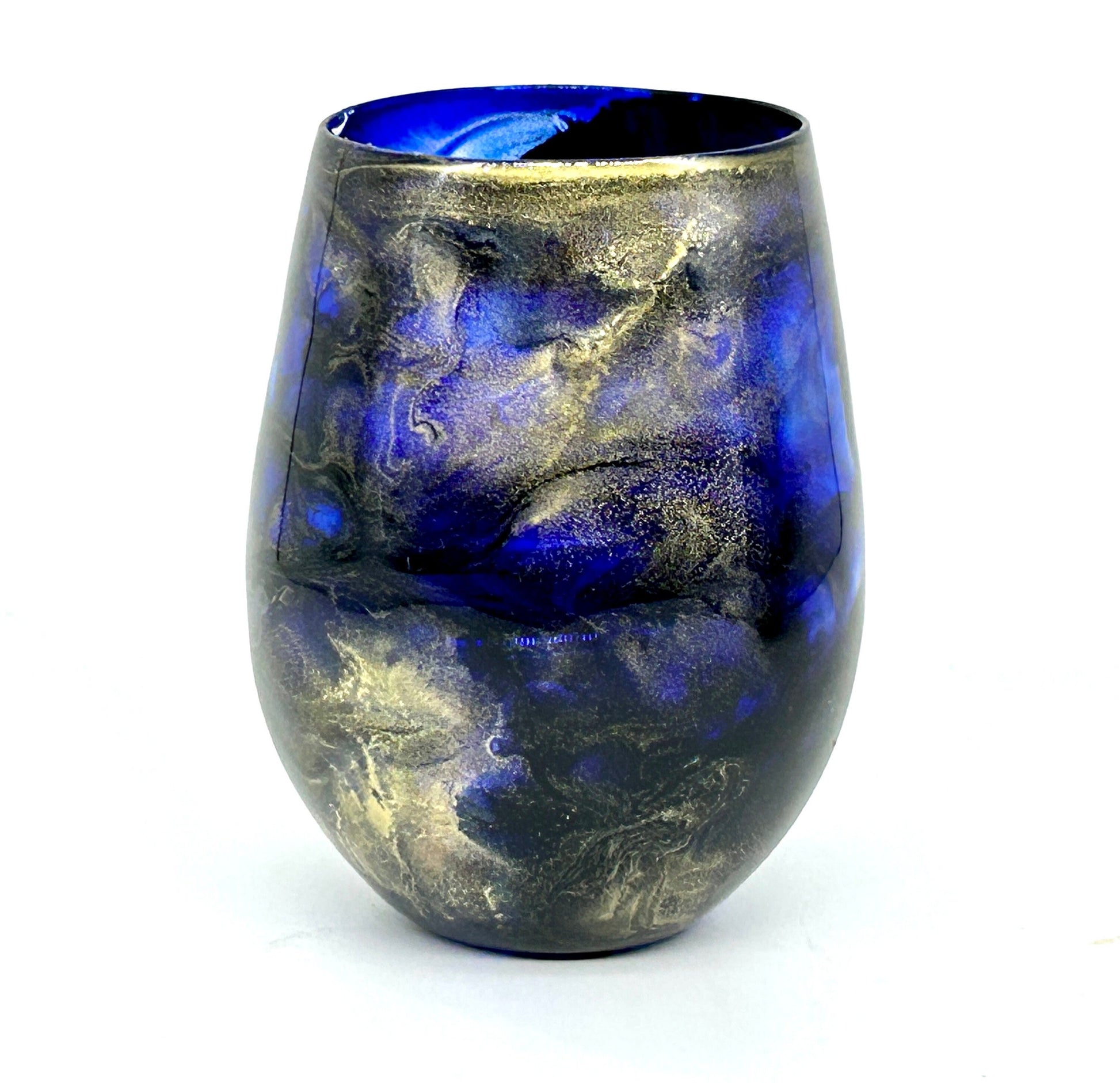 Navy Blue and Gold Jewel toned Resin Art Stemless Wine Glass Set of Two Customize 20 Ounce