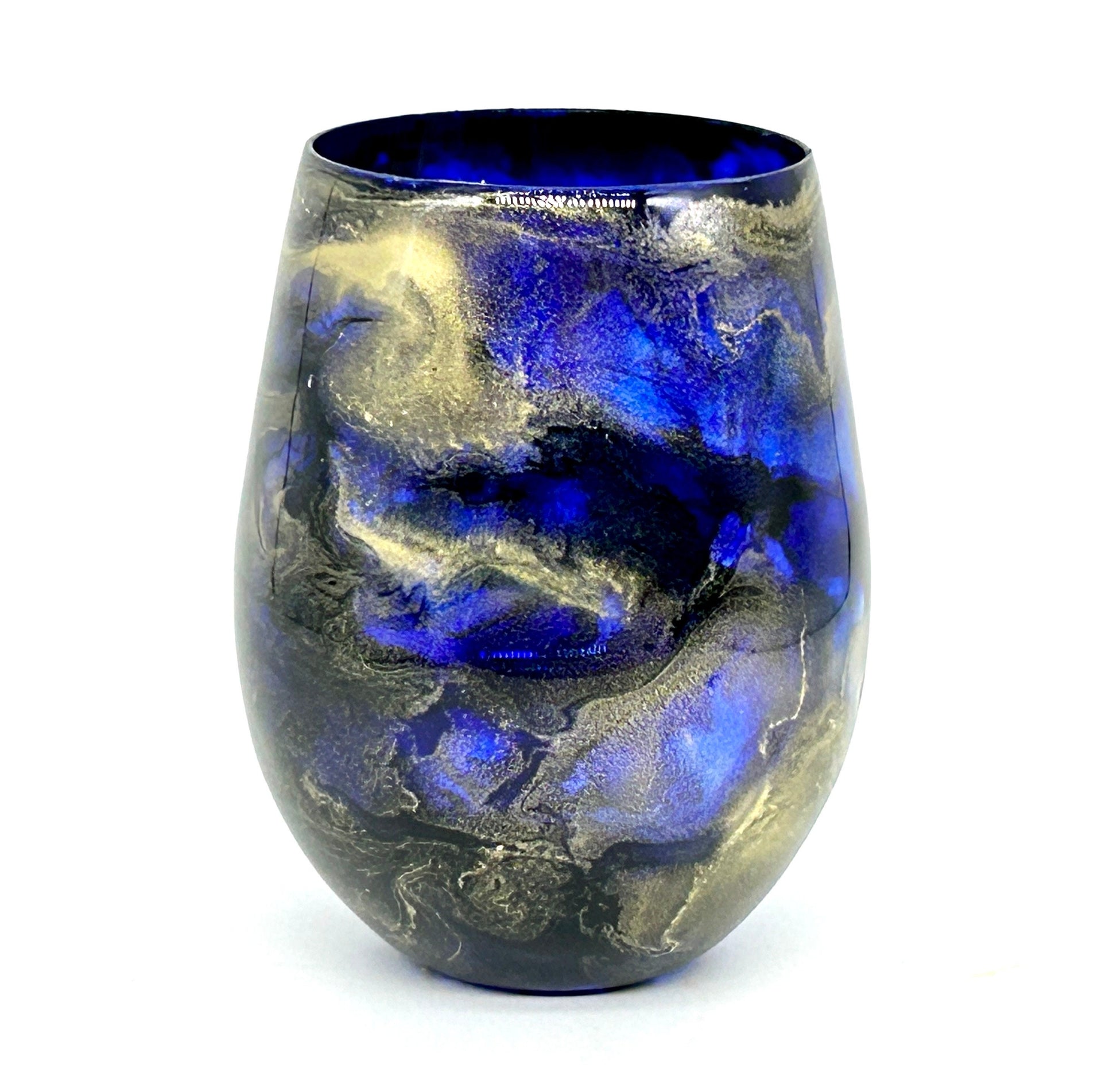 Navy Blue and Gold Jewel toned Resin Art Stemless Wine Glass Set of Two Customize 20 Ounce